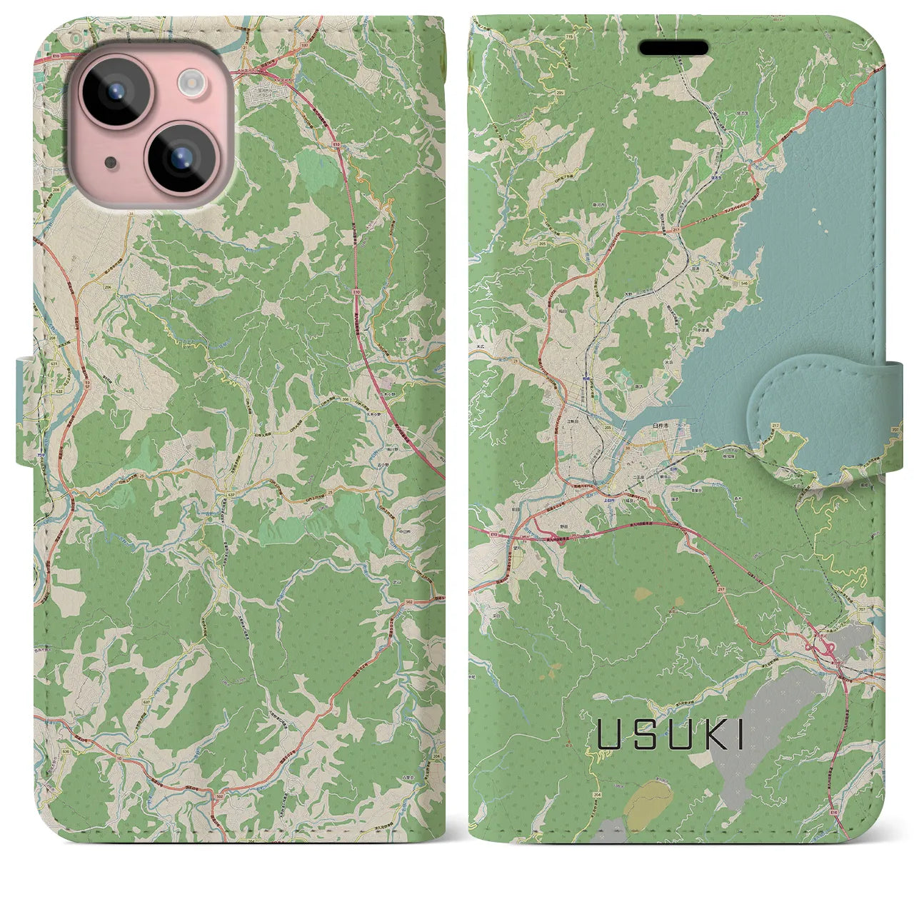 【臼杵(大分県)】地図柄iPhoneケース(手帳タイプ)ナチュラル・iPhone 15 Plus 用