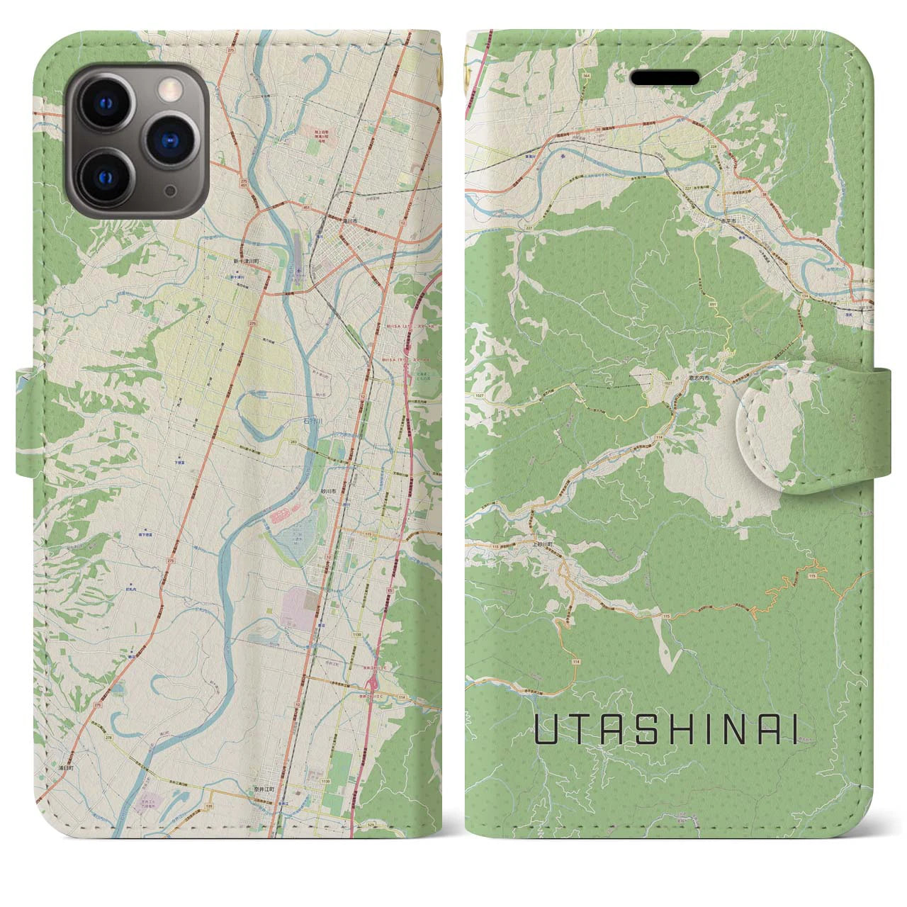 【歌志内(北海道)】地図柄iPhoneケース(手帳タイプ)ナチュラル・iPhone 11 Pro Max 用