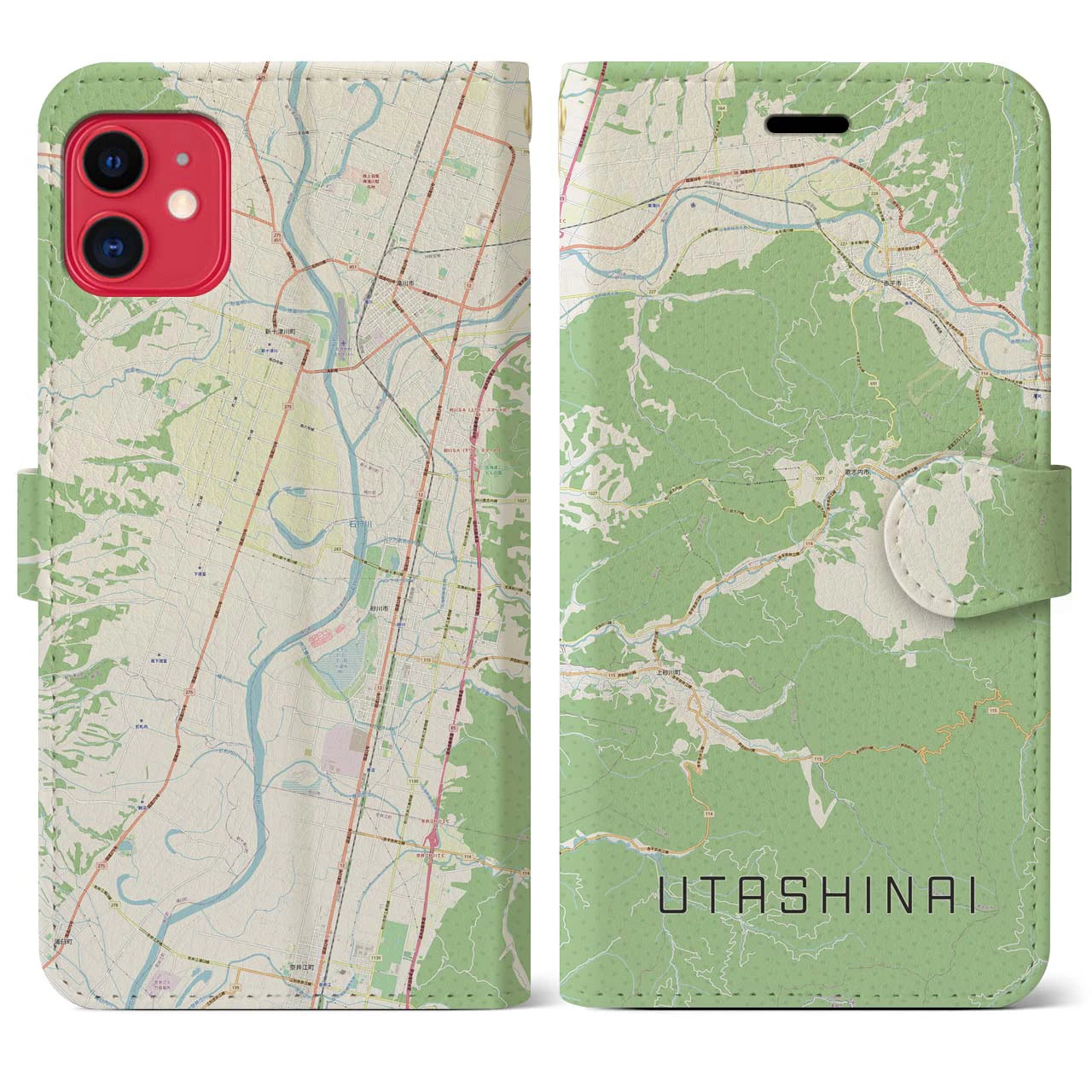 【歌志内(北海道)】地図柄iPhoneケース(手帳タイプ)ナチュラル・iPhone 11 用