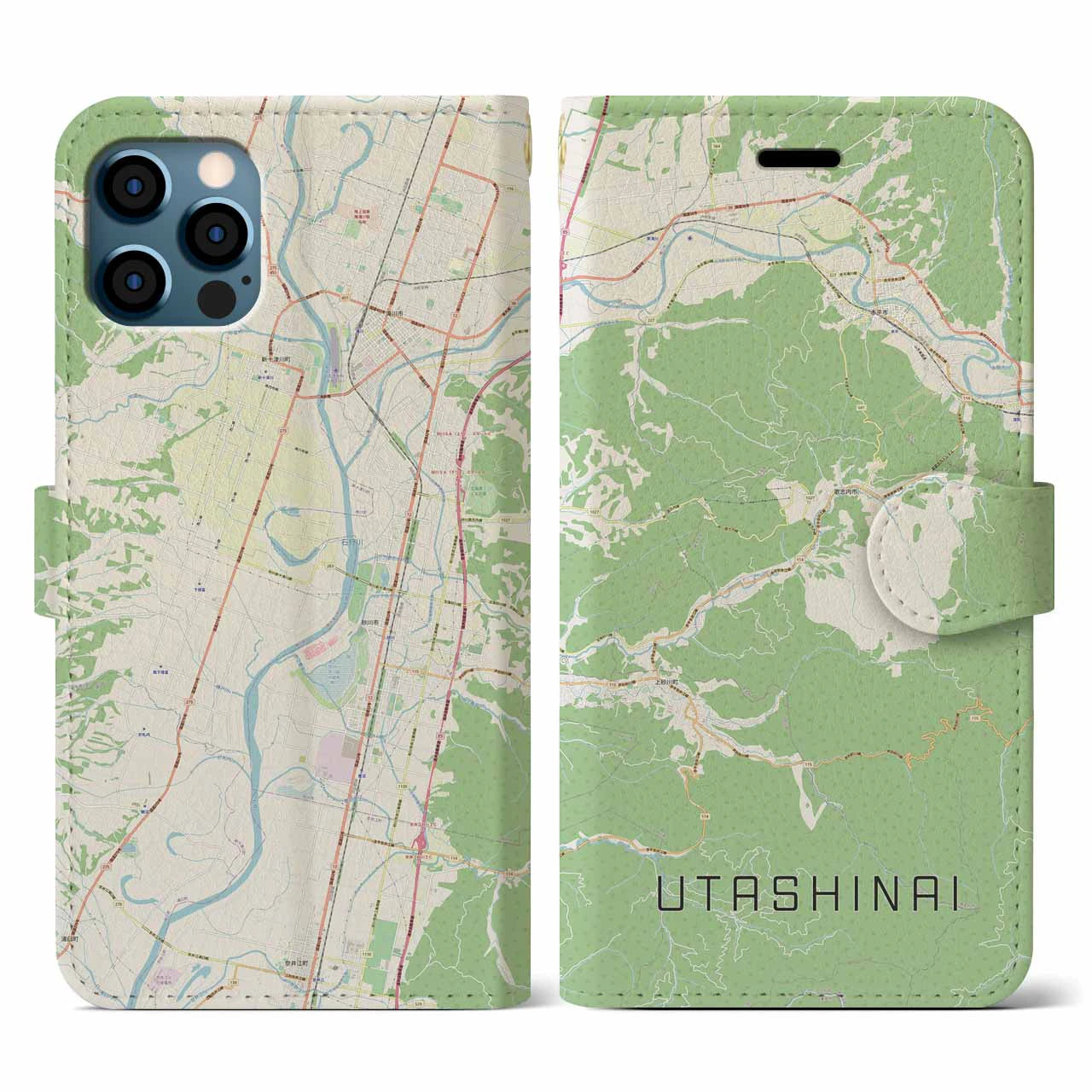 【歌志内(北海道)】地図柄iPhoneケース(手帳タイプ)ナチュラル・iPhone 12 / 12 Pro 用