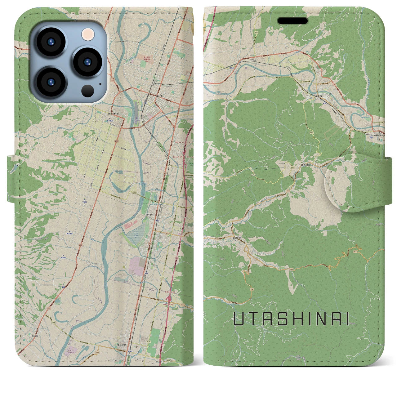 【歌志内(北海道)】地図柄iPhoneケース(手帳タイプ)ナチュラル・iPhone 13 Pro Max 用
