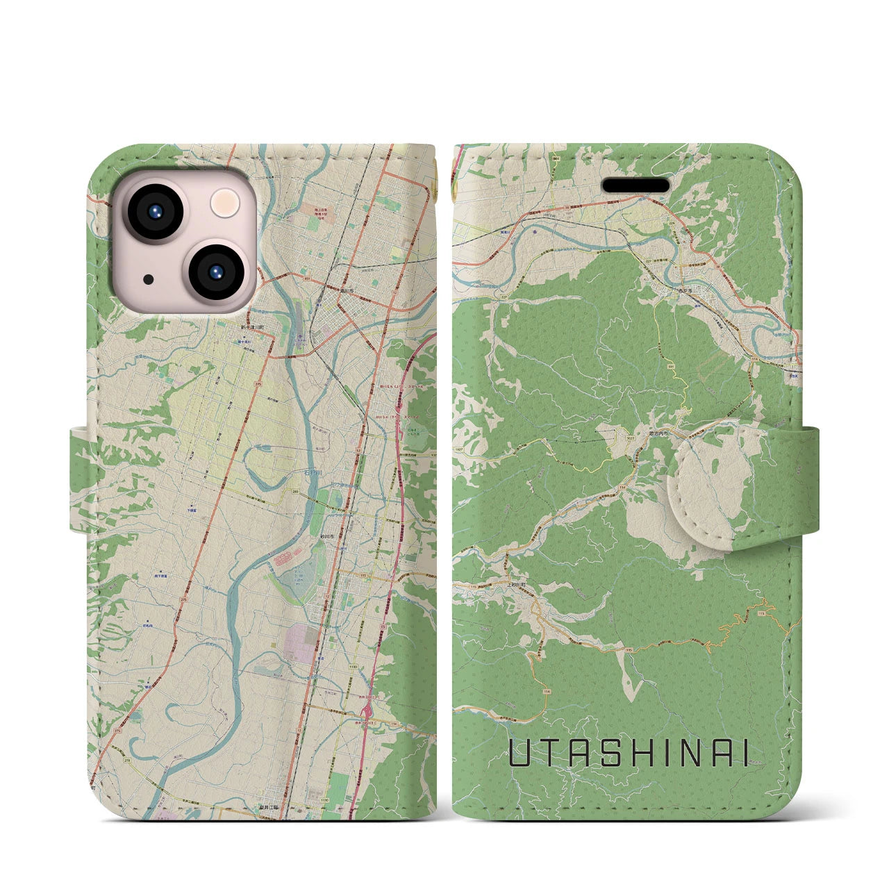 【歌志内(北海道)】地図柄iPhoneケース(手帳タイプ)ナチュラル・iPhone 13 mini 用