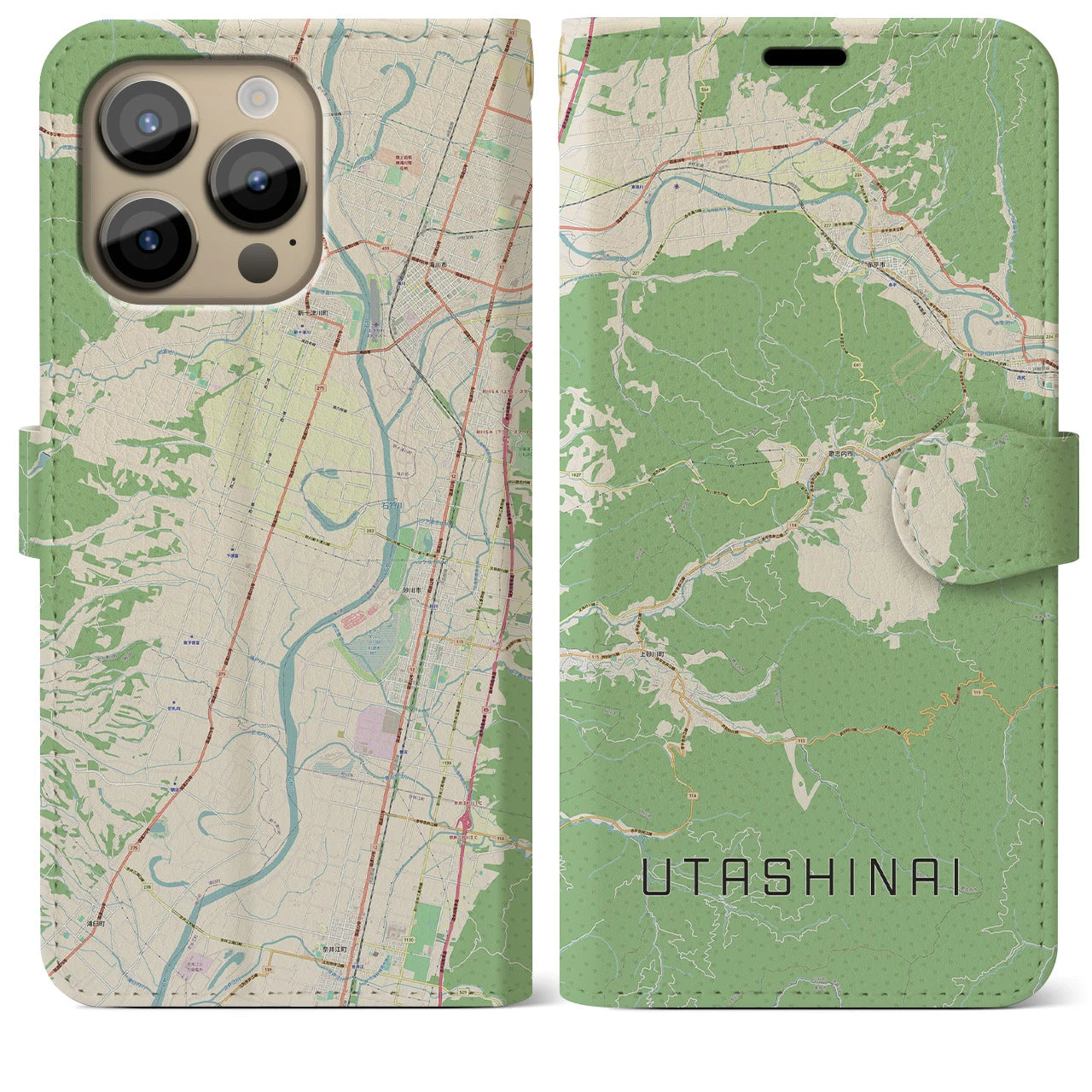 【歌志内(北海道)】地図柄iPhoneケース(手帳タイプ)ナチュラル・iPhone 14 Pro Max 用