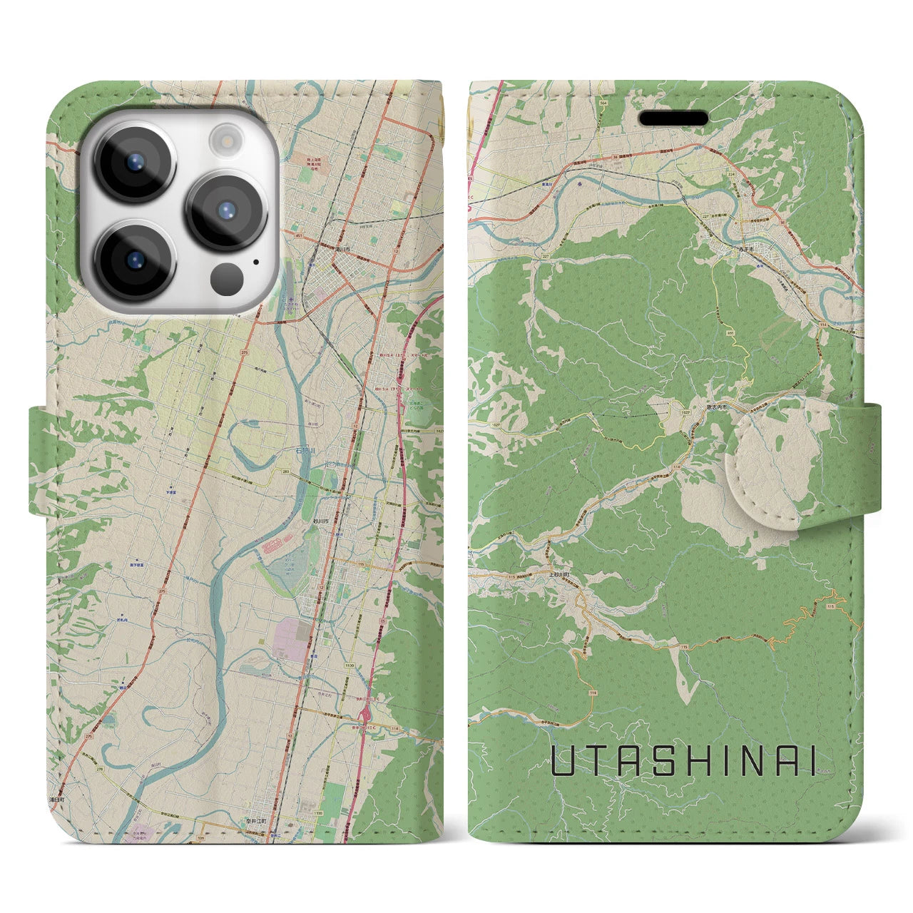 【歌志内(北海道)】地図柄iPhoneケース(手帳タイプ)ナチュラル・iPhone 14 Pro 用