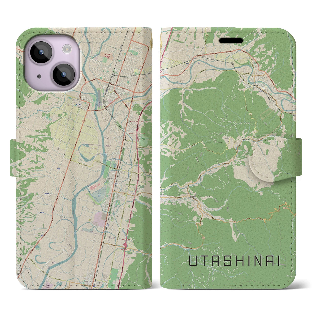 【歌志内(北海道)】地図柄iPhoneケース(手帳タイプ)ナチュラル・iPhone 14 用