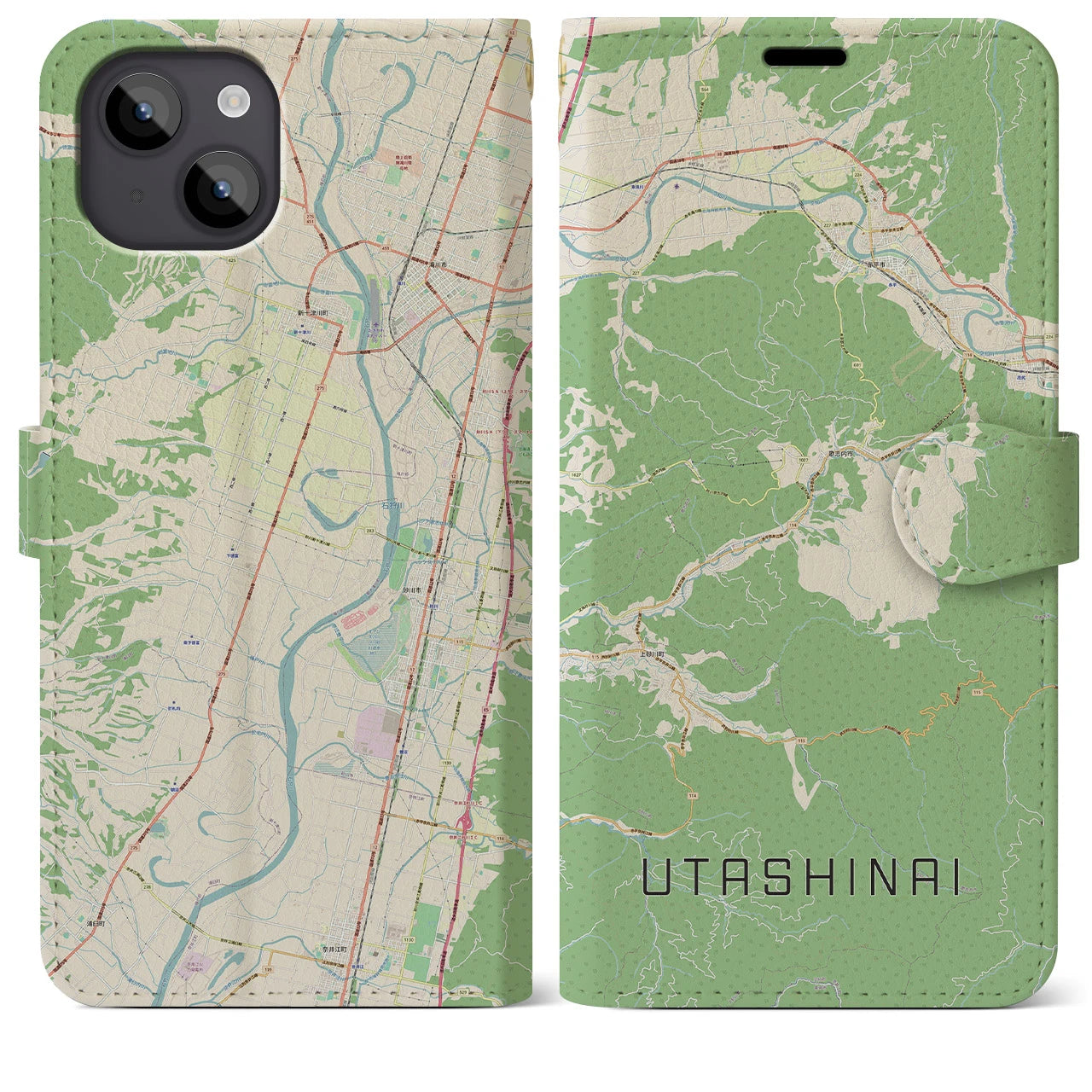 【歌志内(北海道)】地図柄iPhoneケース(手帳タイプ)ナチュラル・iPhone 14 Plus 用