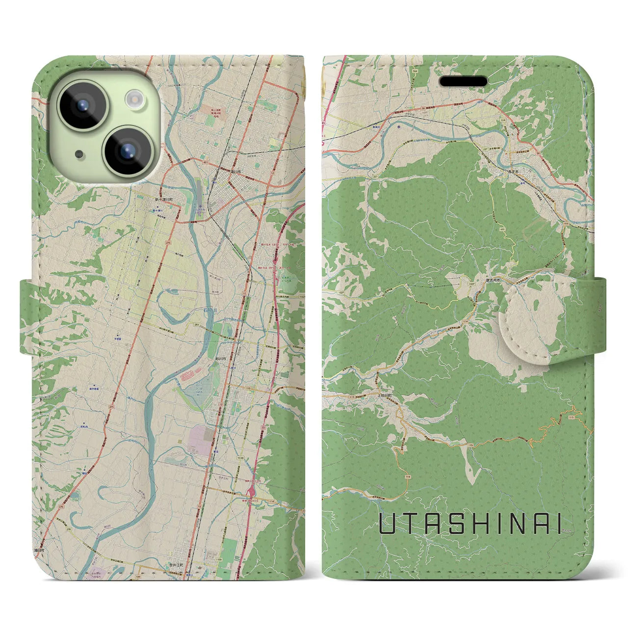 【歌志内(北海道)】地図柄iPhoneケース(手帳タイプ)ナチュラル・iPhone 15 用