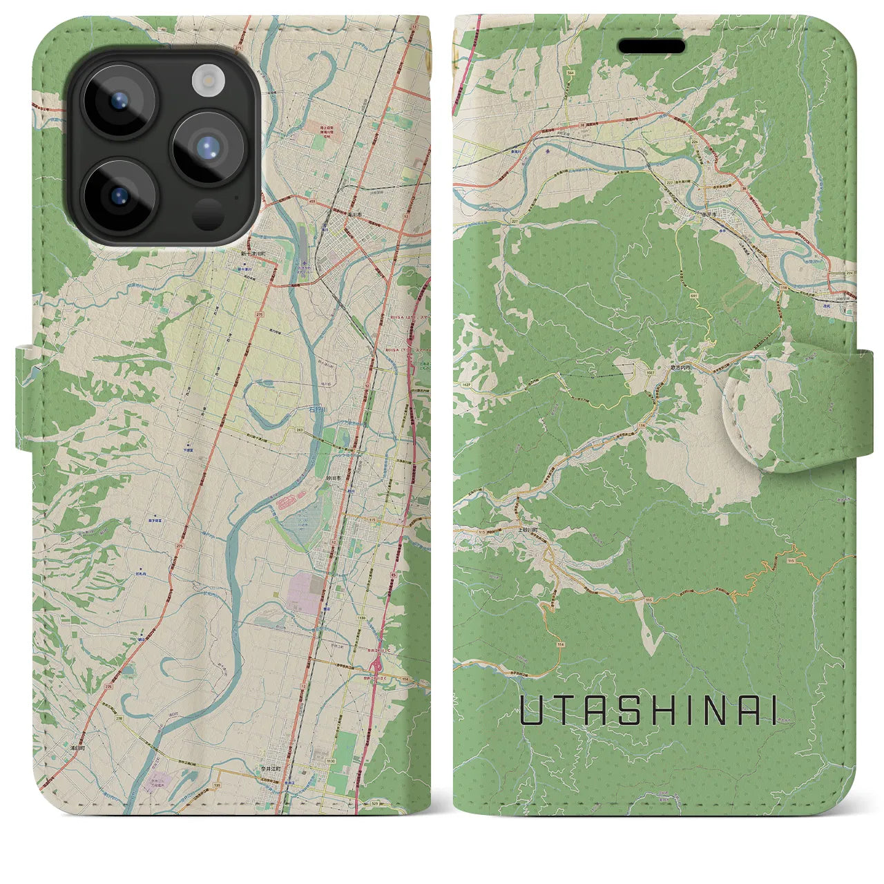 【歌志内(北海道)】地図柄iPhoneケース(手帳タイプ)ナチュラル・iPhone 15 Pro Max 用