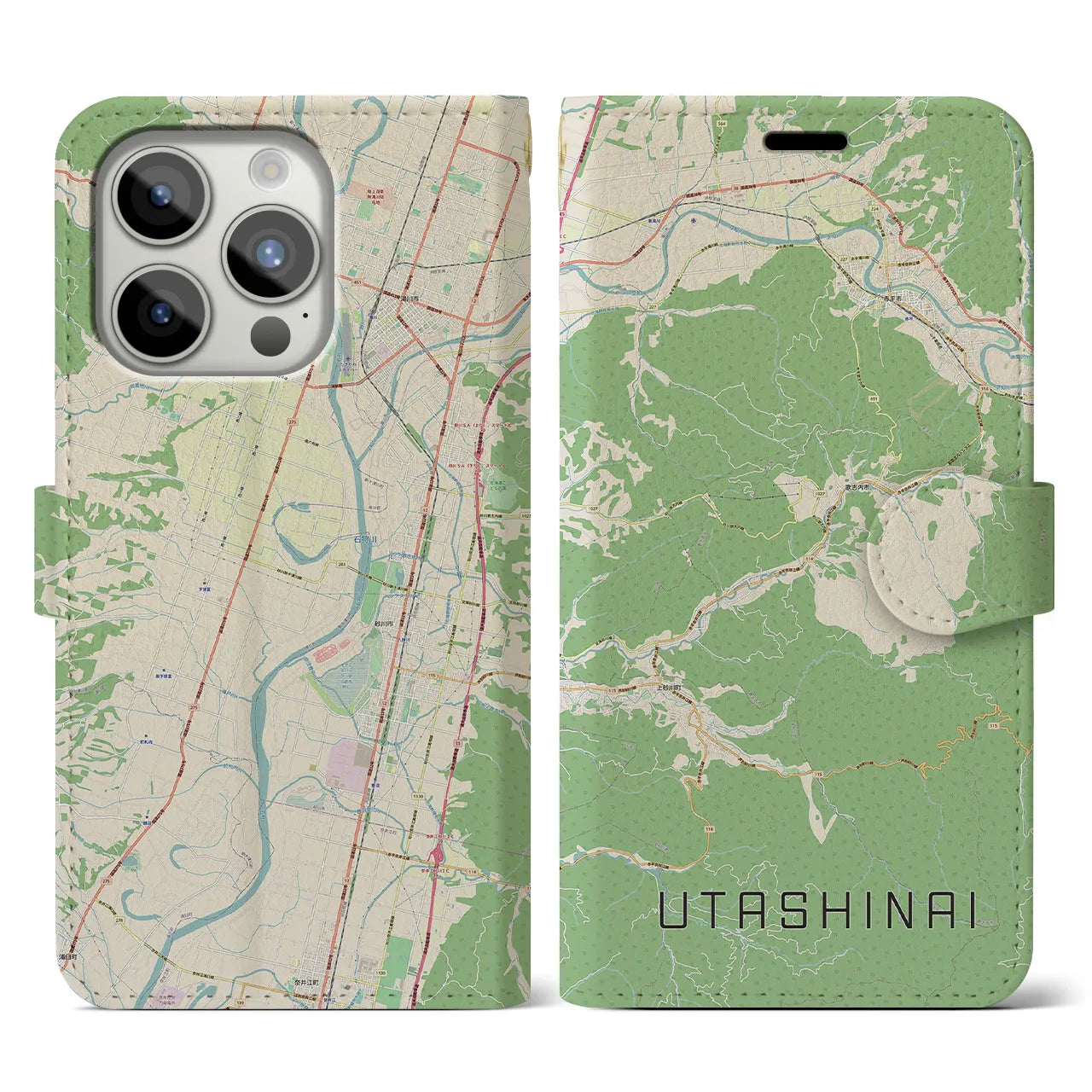 【歌志内(北海道)】地図柄iPhoneケース(手帳タイプ)ナチュラル・iPhone 15 Pro 用