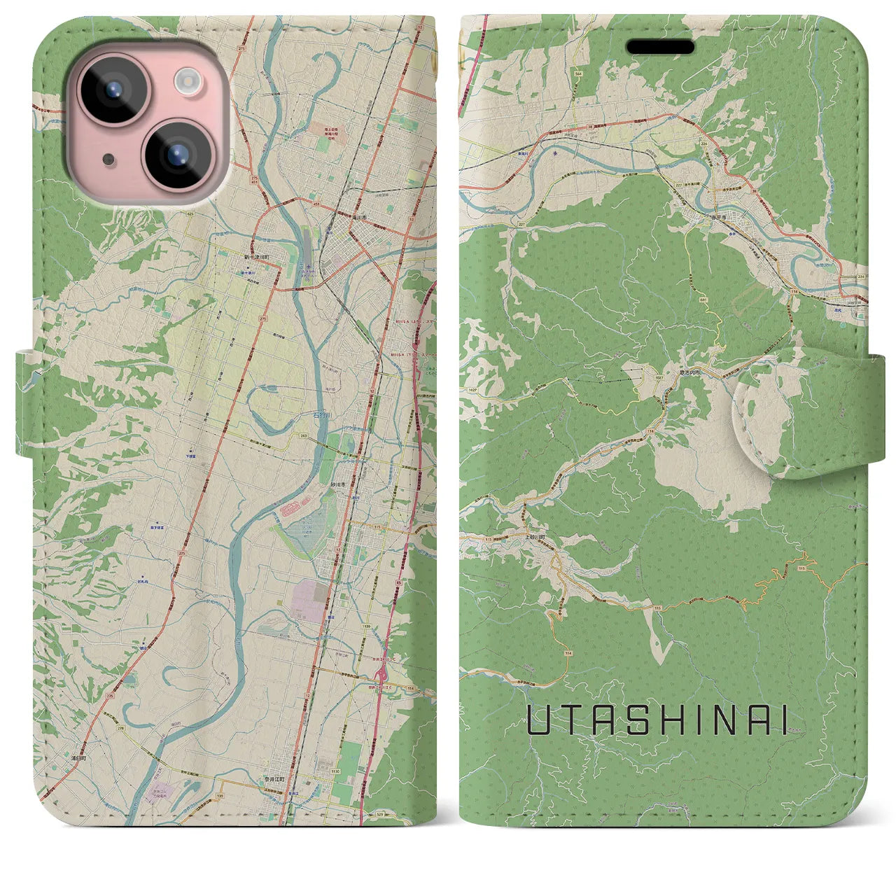 【歌志内(北海道)】地図柄iPhoneケース(手帳タイプ)ナチュラル・iPhone 15 Plus 用