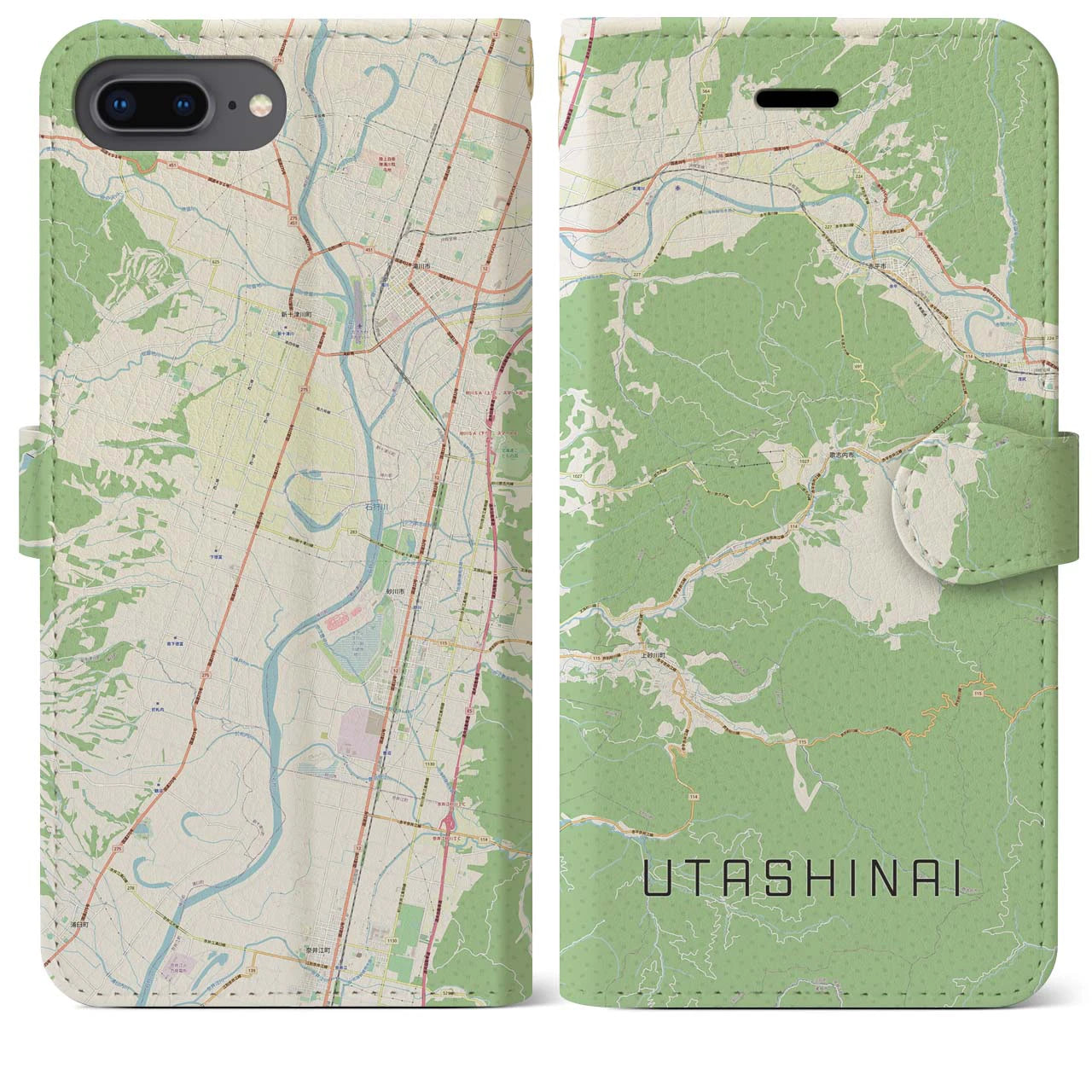 【歌志内(北海道)】地図柄iPhoneケース(手帳タイプ)ナチュラル・iPhone 8Plus /7Plus / 6sPlus / 6Plus 用