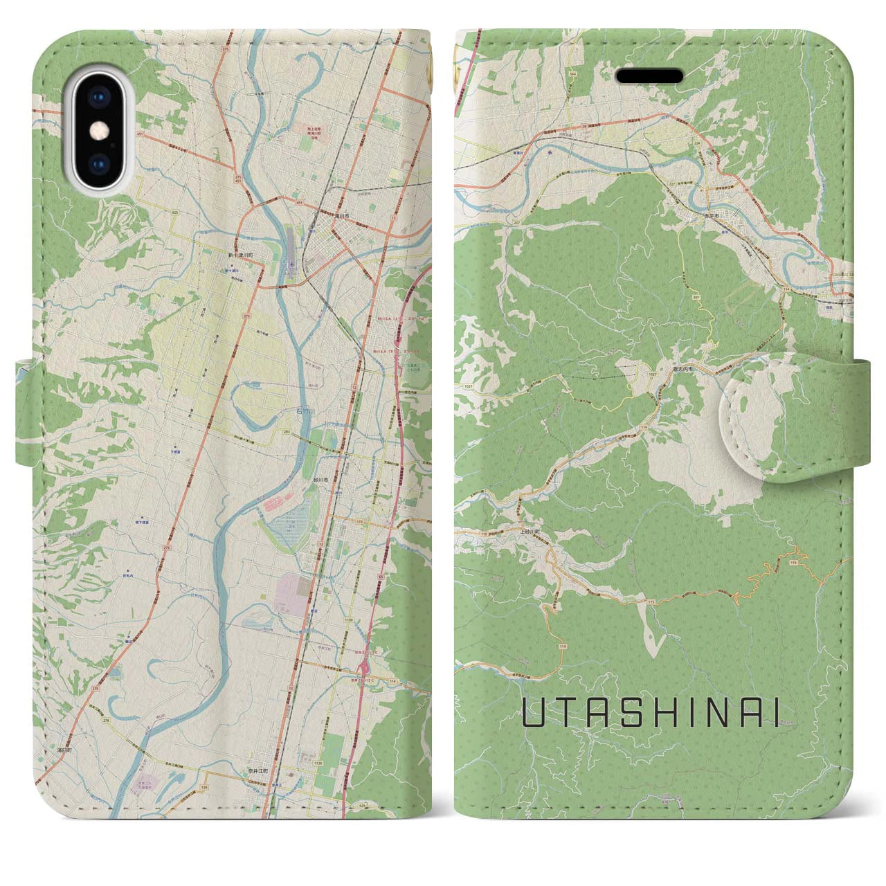 【歌志内(北海道)】地図柄iPhoneケース(手帳タイプ)ナチュラル・iPhone XS Max 用