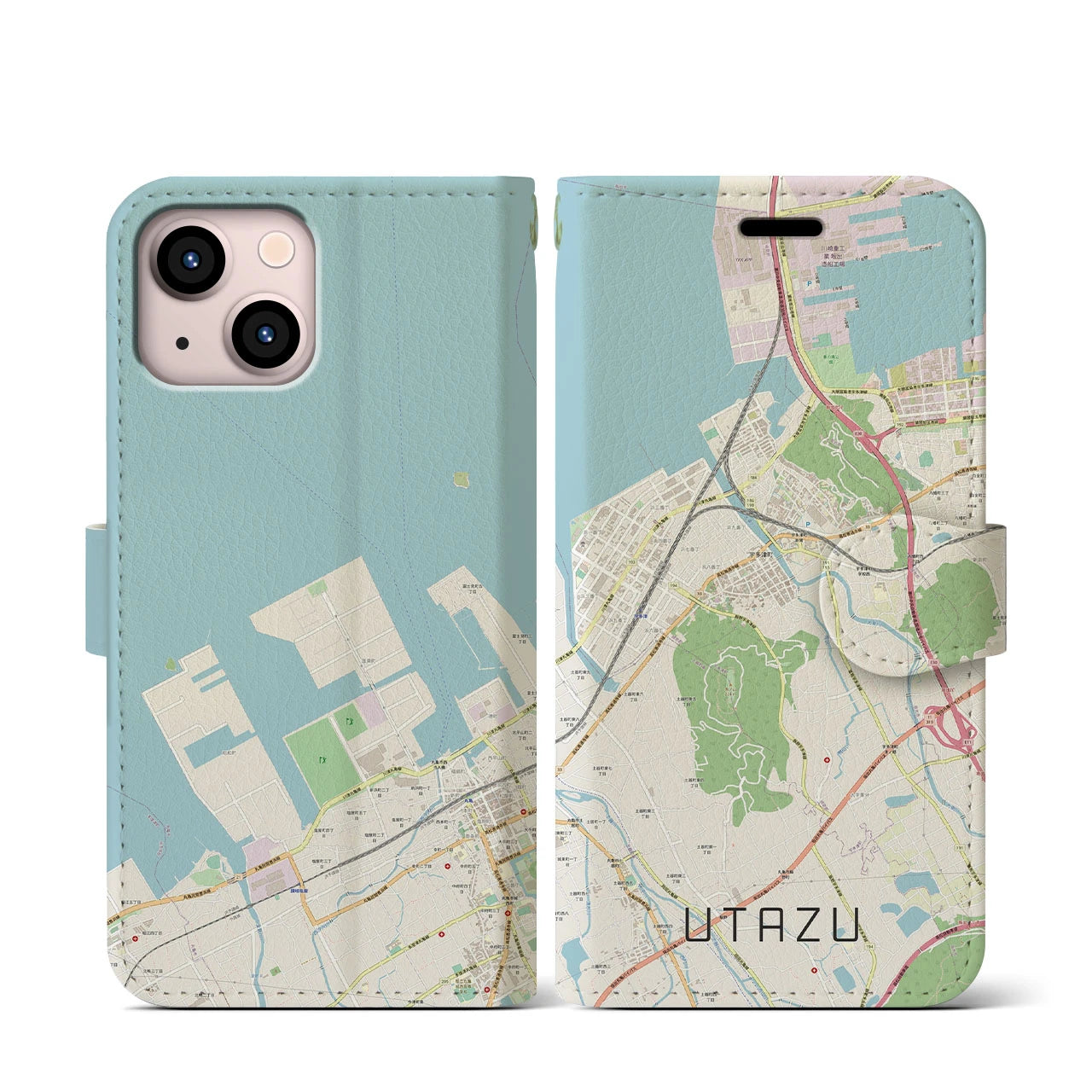 【宇多津(香川県)】地図柄iPhoneケース(手帳タイプ)ナチュラル・iPhone 13 mini 用