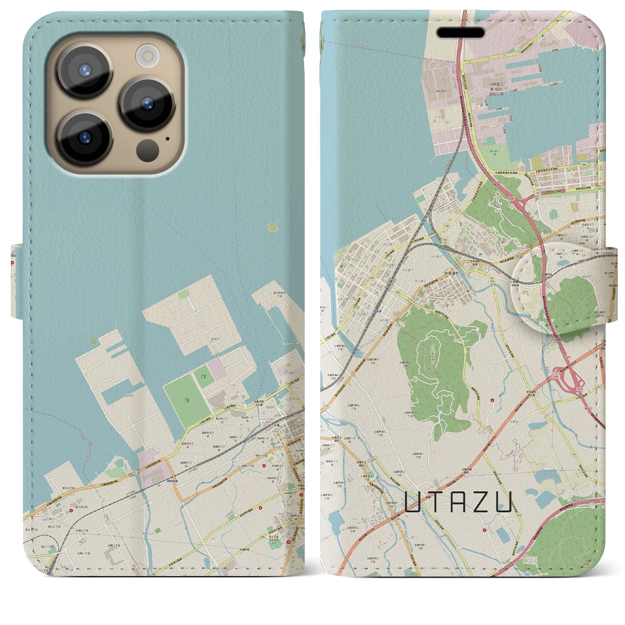 【宇多津(香川県)】地図柄iPhoneケース(手帳タイプ)ナチュラル・iPhone 14 Pro Max 用