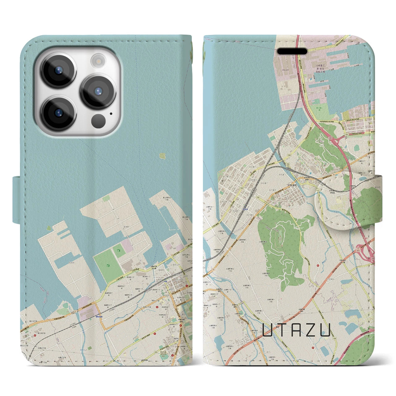 【宇多津(香川県)】地図柄iPhoneケース(手帳タイプ)ナチュラル・iPhone 14 Pro 用