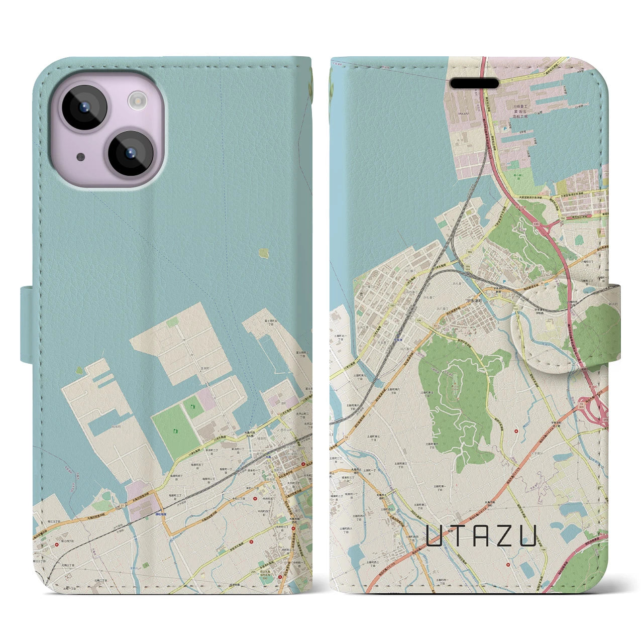 【宇多津(香川県)】地図柄iPhoneケース(手帳タイプ)ナチュラル・iPhone 14 用