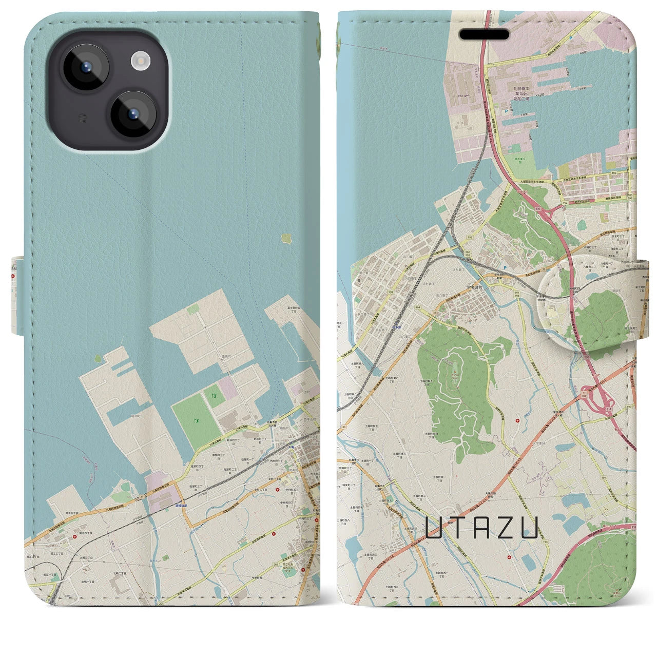 【宇多津(香川県)】地図柄iPhoneケース(手帳タイプ)ナチュラル・iPhone 14 Plus 用
