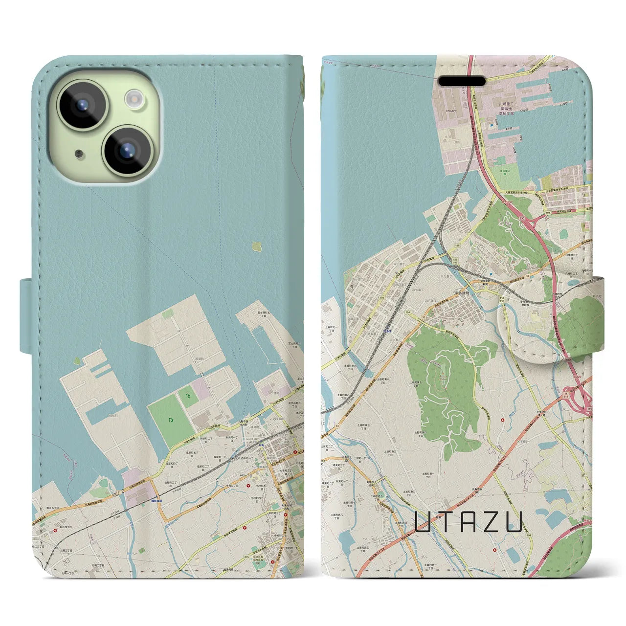 【宇多津(香川県)】地図柄iPhoneケース(手帳タイプ)ナチュラル・iPhone 15 用