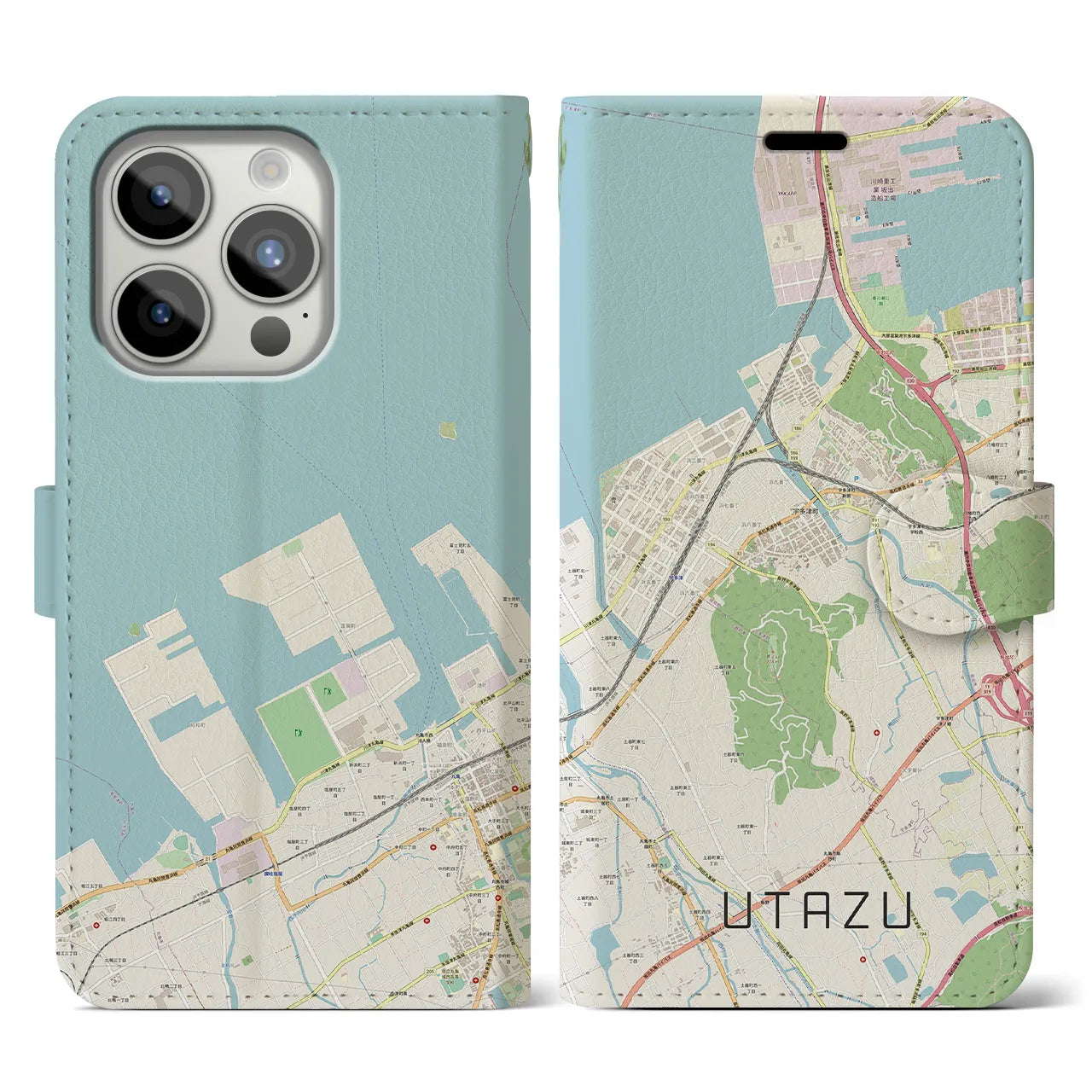 【宇多津(香川県)】地図柄iPhoneケース(手帳タイプ)ナチュラル・iPhone 15 Pro 用