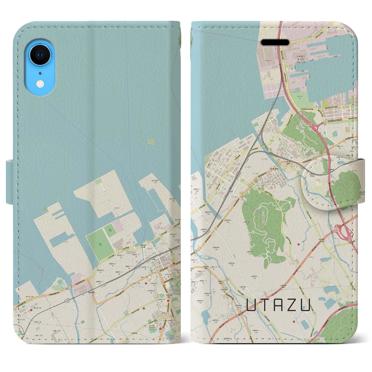 【宇多津(香川県)】地図柄iPhoneケース(手帳タイプ)ナチュラル・iPhone XR 用