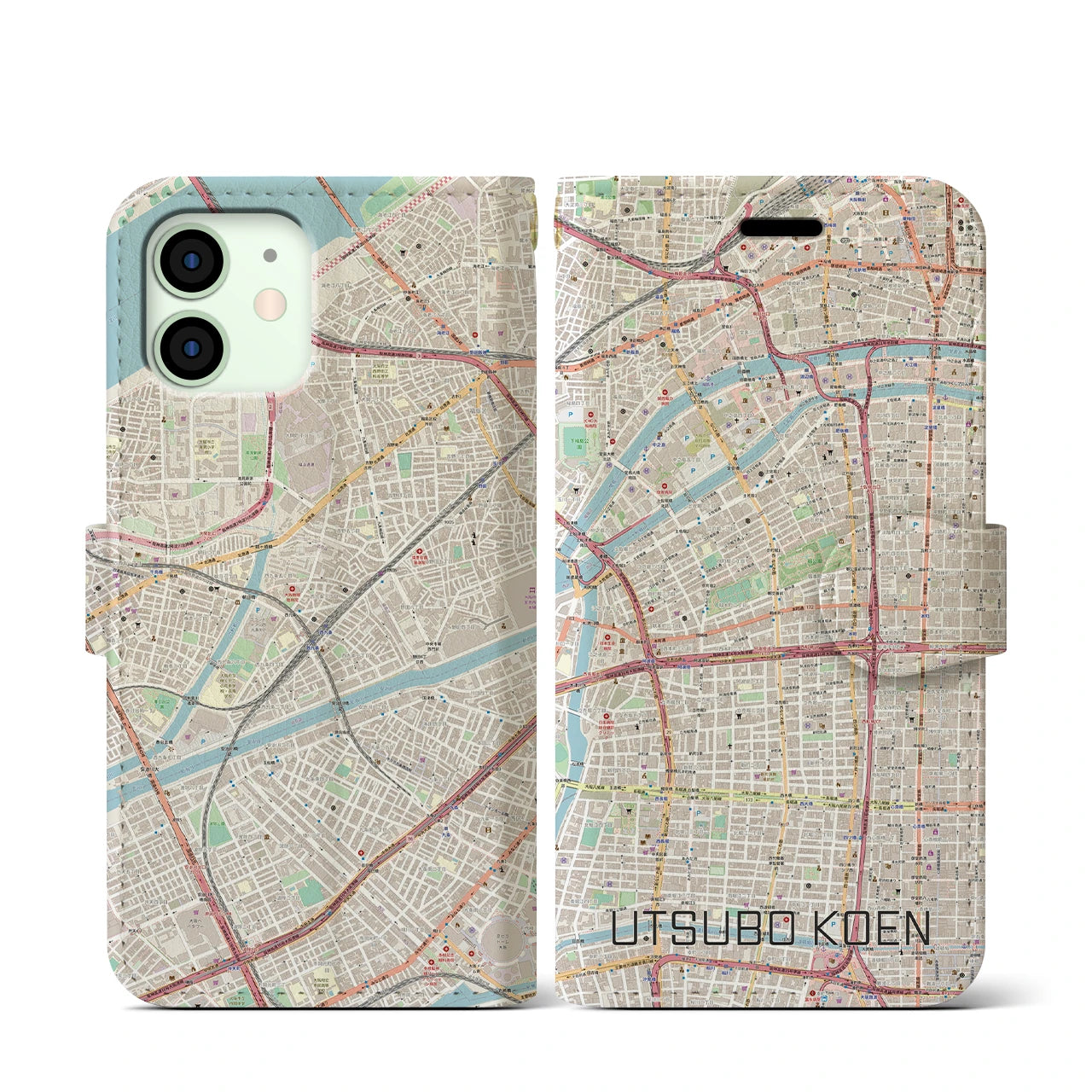 【靱公園(大阪府)】地図柄iPhoneケース(手帳タイプ)ナチュラル・iPhone 12 mini 用