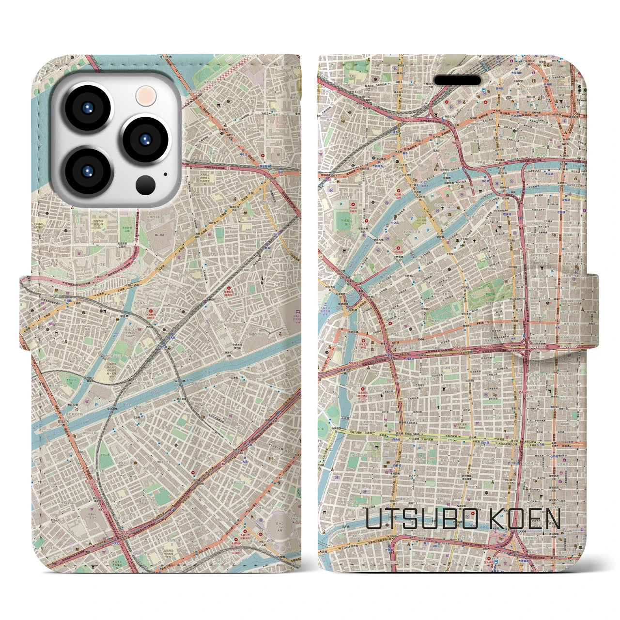 【靱公園(大阪府)】地図柄iPhoneケース(手帳タイプ)ナチュラル・iPhone 13 Pro 用
