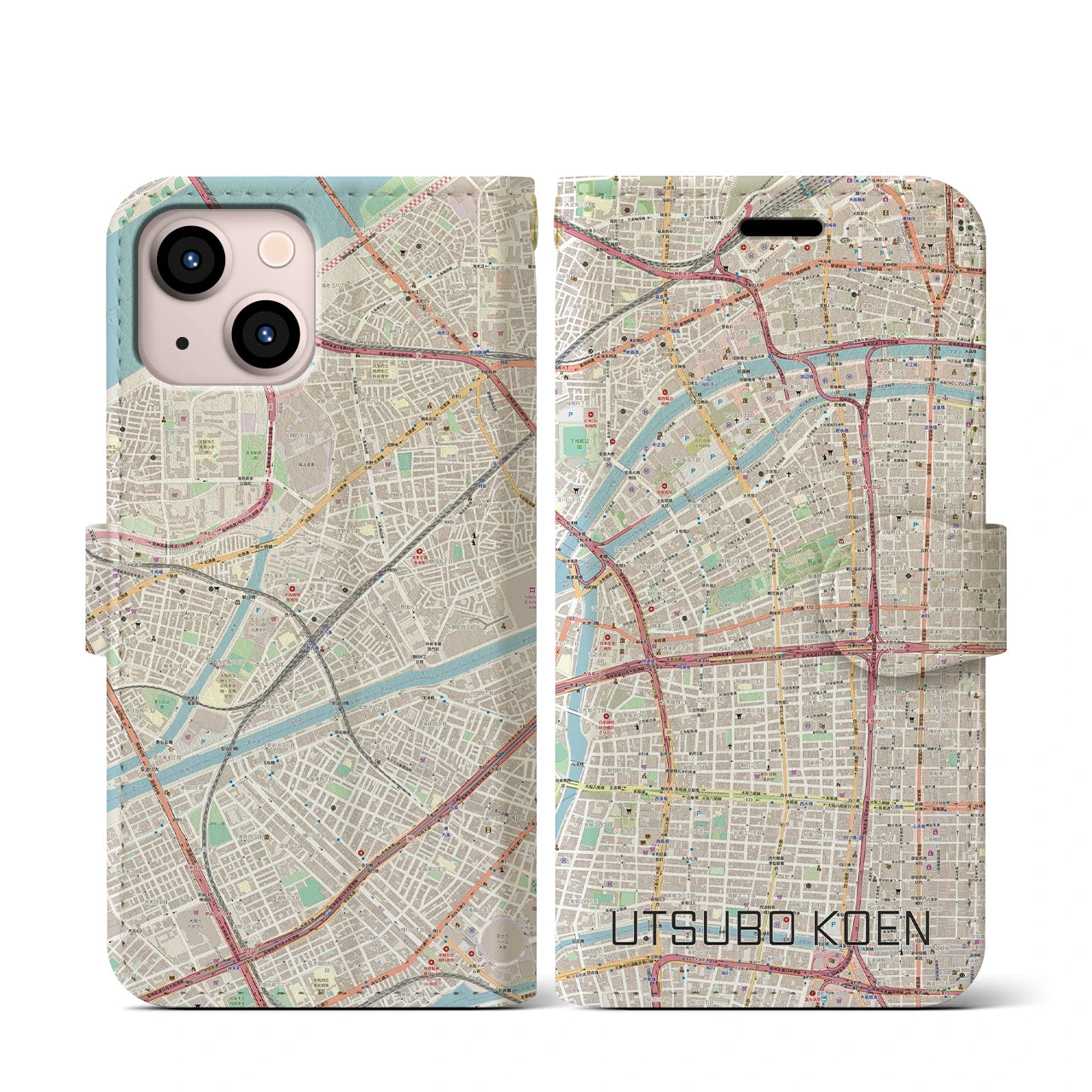 【靱公園(大阪府)】地図柄iPhoneケース(手帳タイプ)ナチュラル・iPhone 13 mini 用