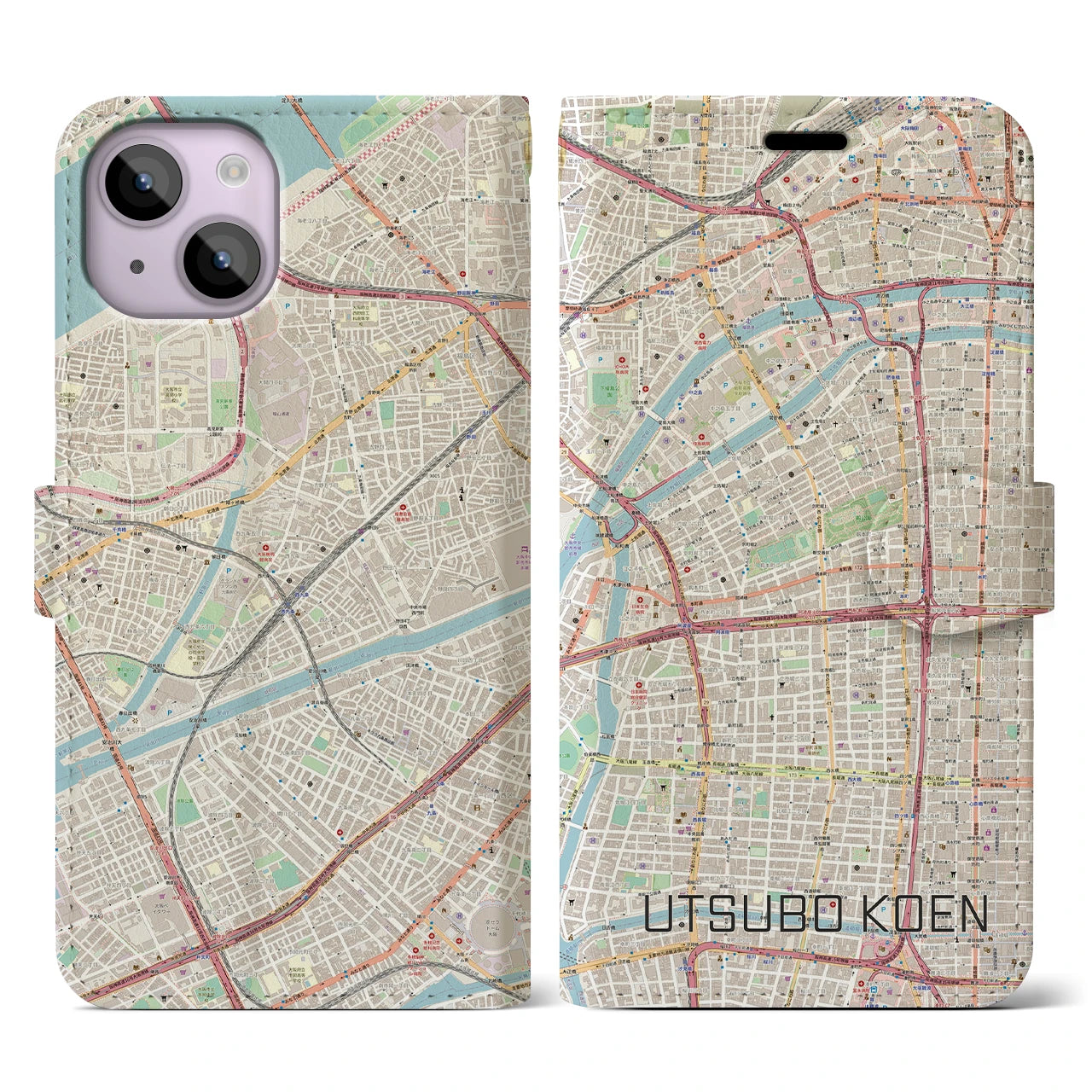 【靱公園(大阪府)】地図柄iPhoneケース(手帳タイプ)ナチュラル・iPhone 14 用