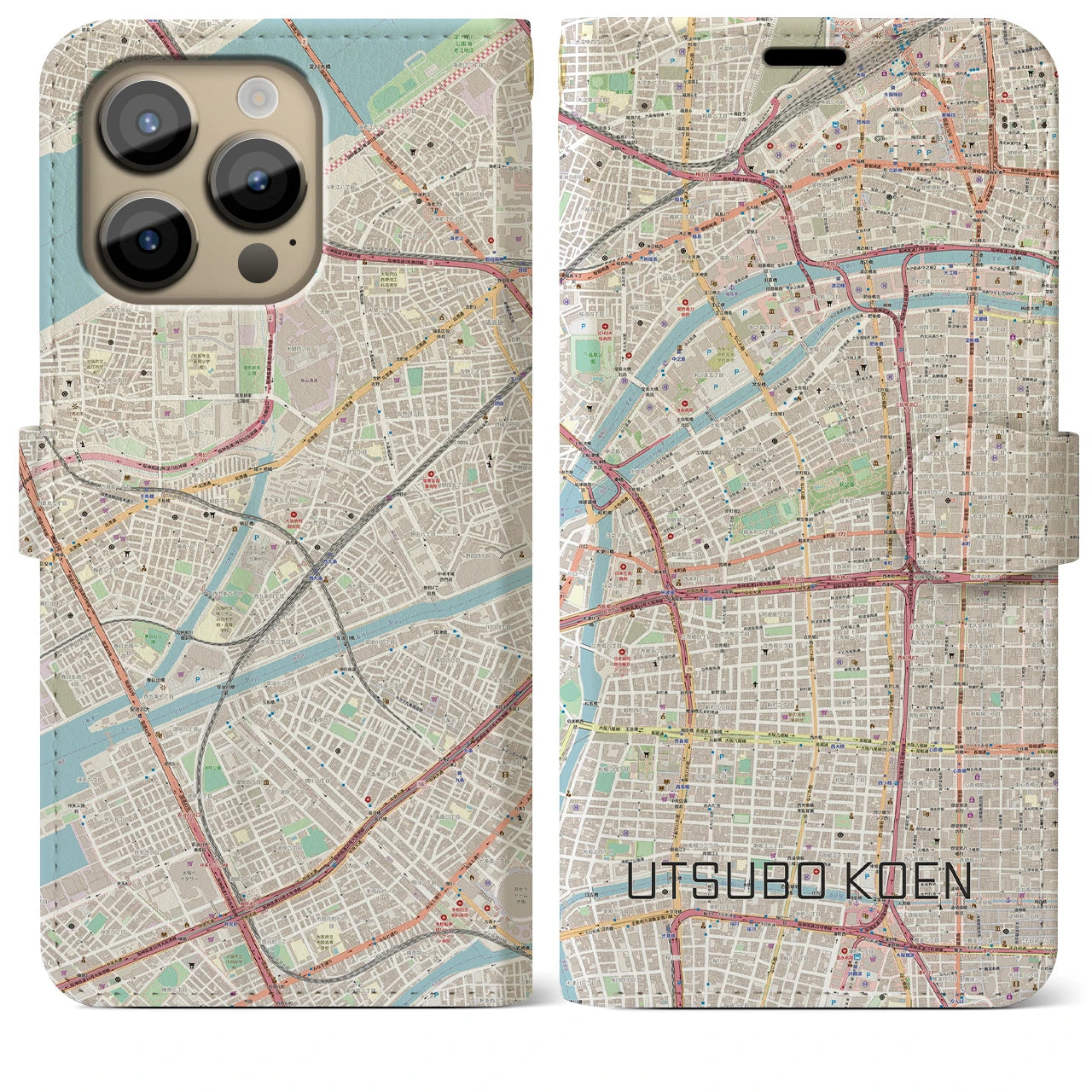 【靱公園(大阪府)】地図柄iPhoneケース(手帳タイプ)ナチュラル・iPhone 14 Pro Max 用
