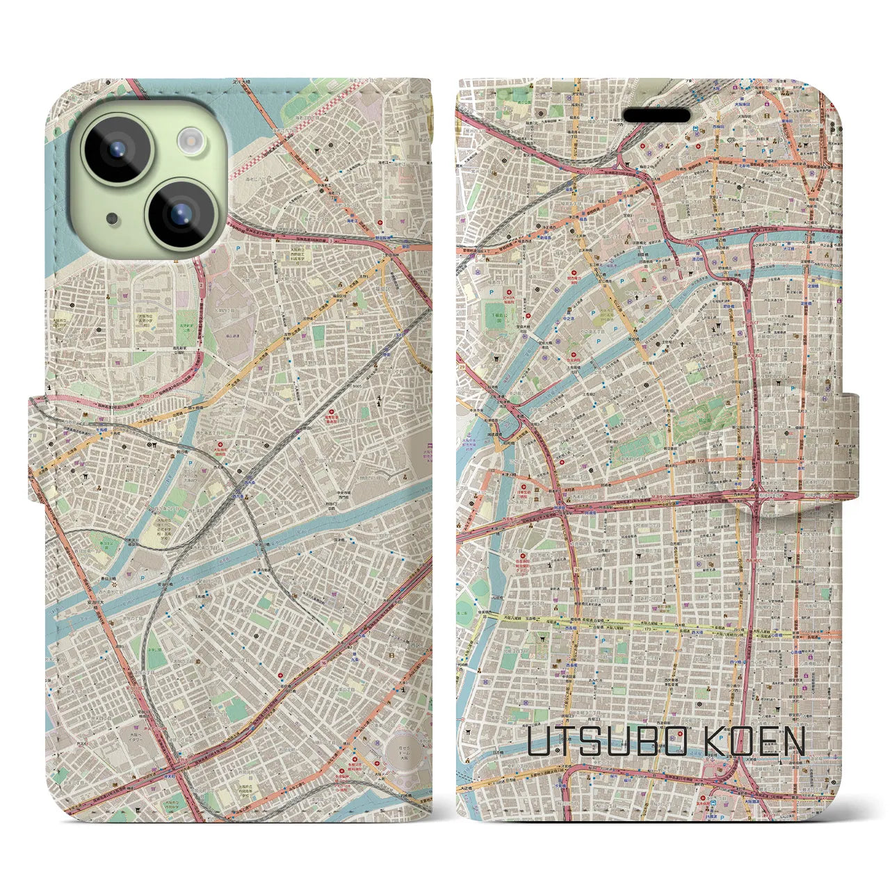【靱公園(大阪府)】地図柄iPhoneケース(手帳タイプ)ナチュラル・iPhone 15 用