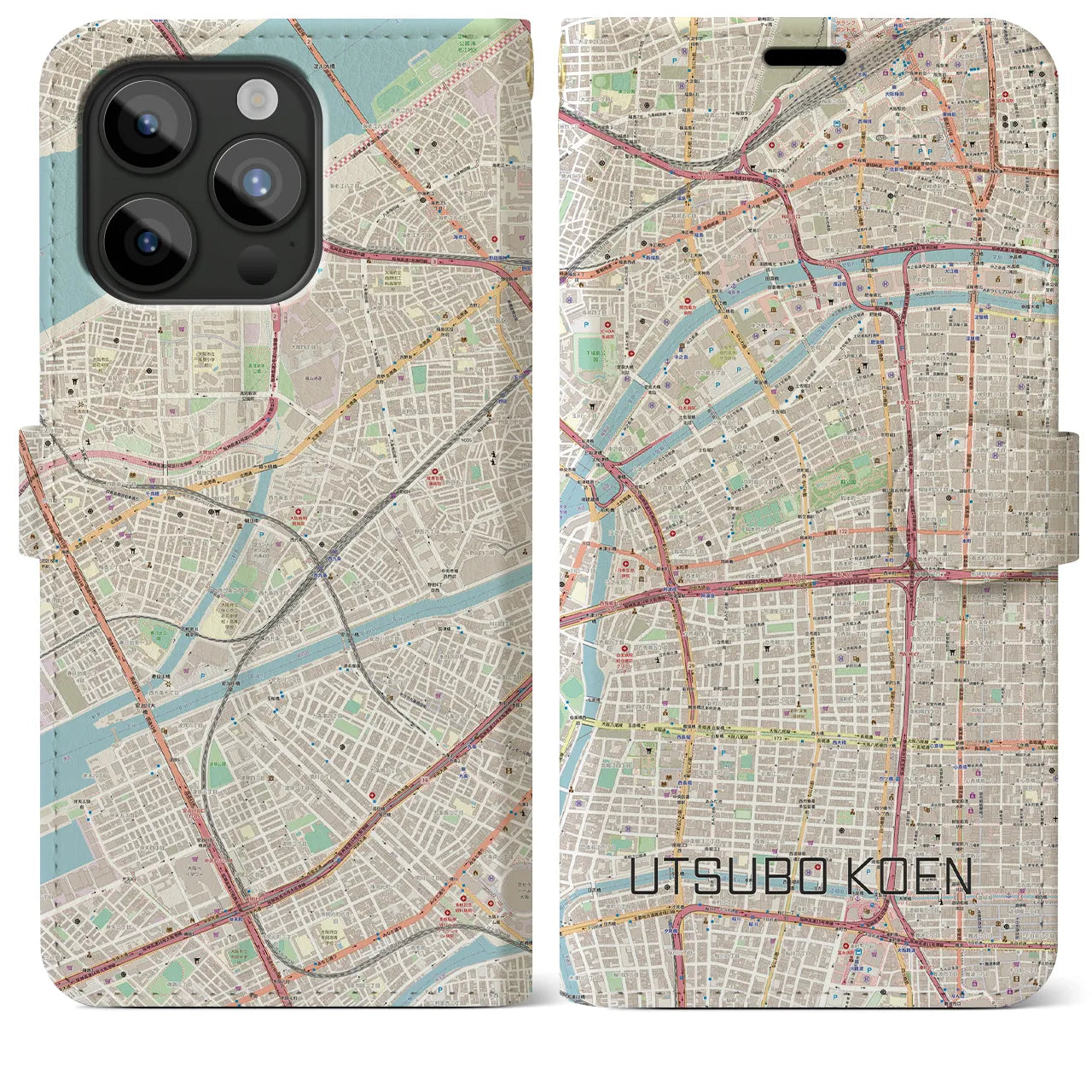 【靱公園(大阪府)】地図柄iPhoneケース(手帳タイプ)ナチュラル・iPhone 15 Pro Max 用