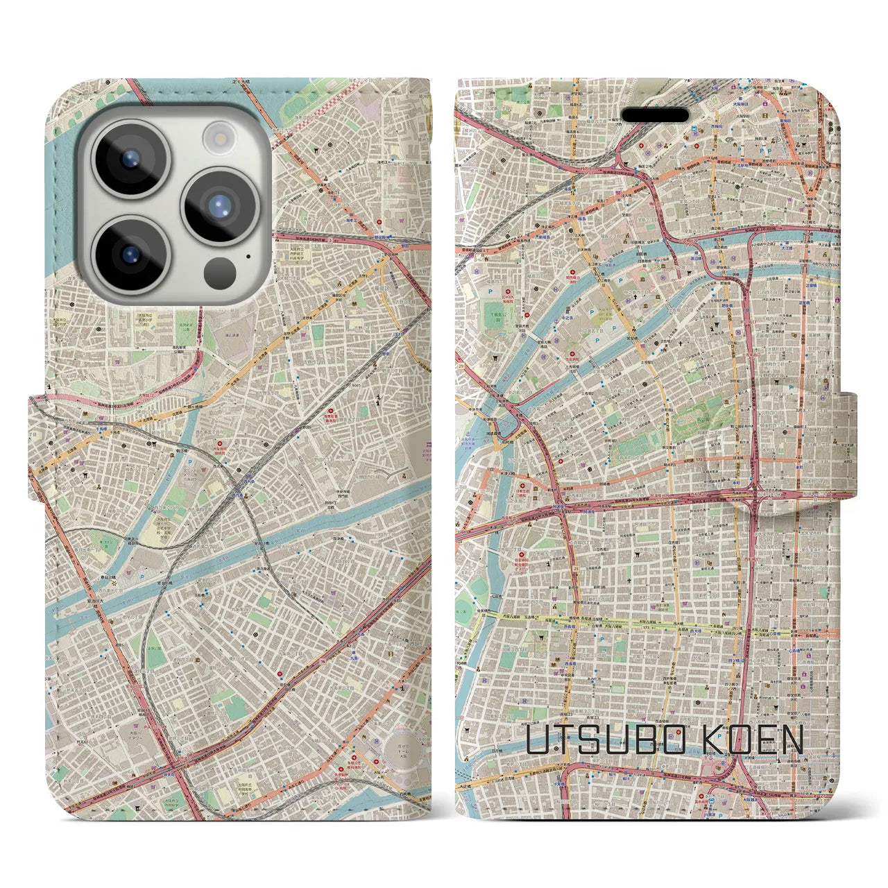 【靱公園(大阪府)】地図柄iPhoneケース(手帳タイプ)ナチュラル・iPhone 15 Pro 用