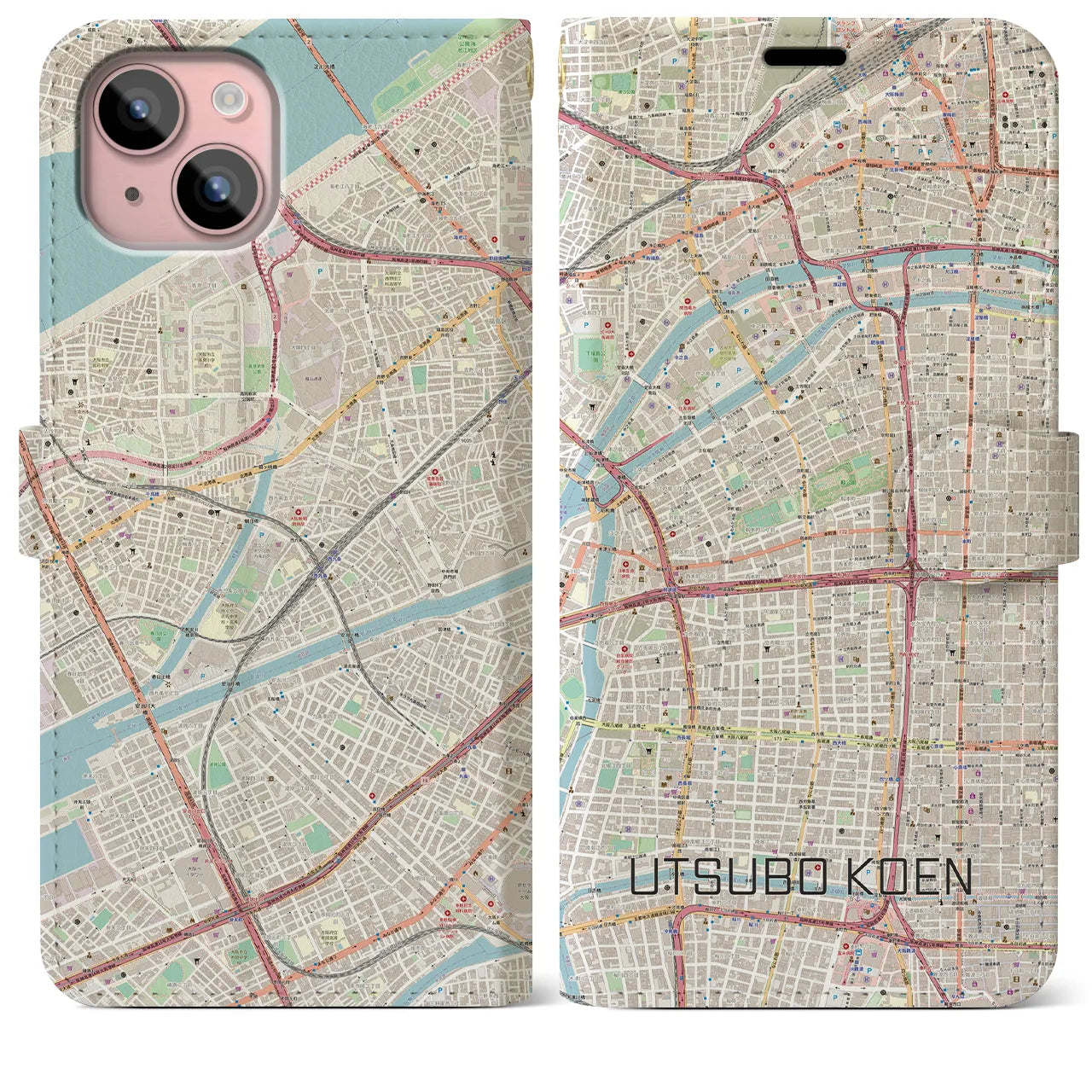 【靱公園(大阪府)】地図柄iPhoneケース(手帳タイプ)ナチュラル・iPhone 15 Plus 用