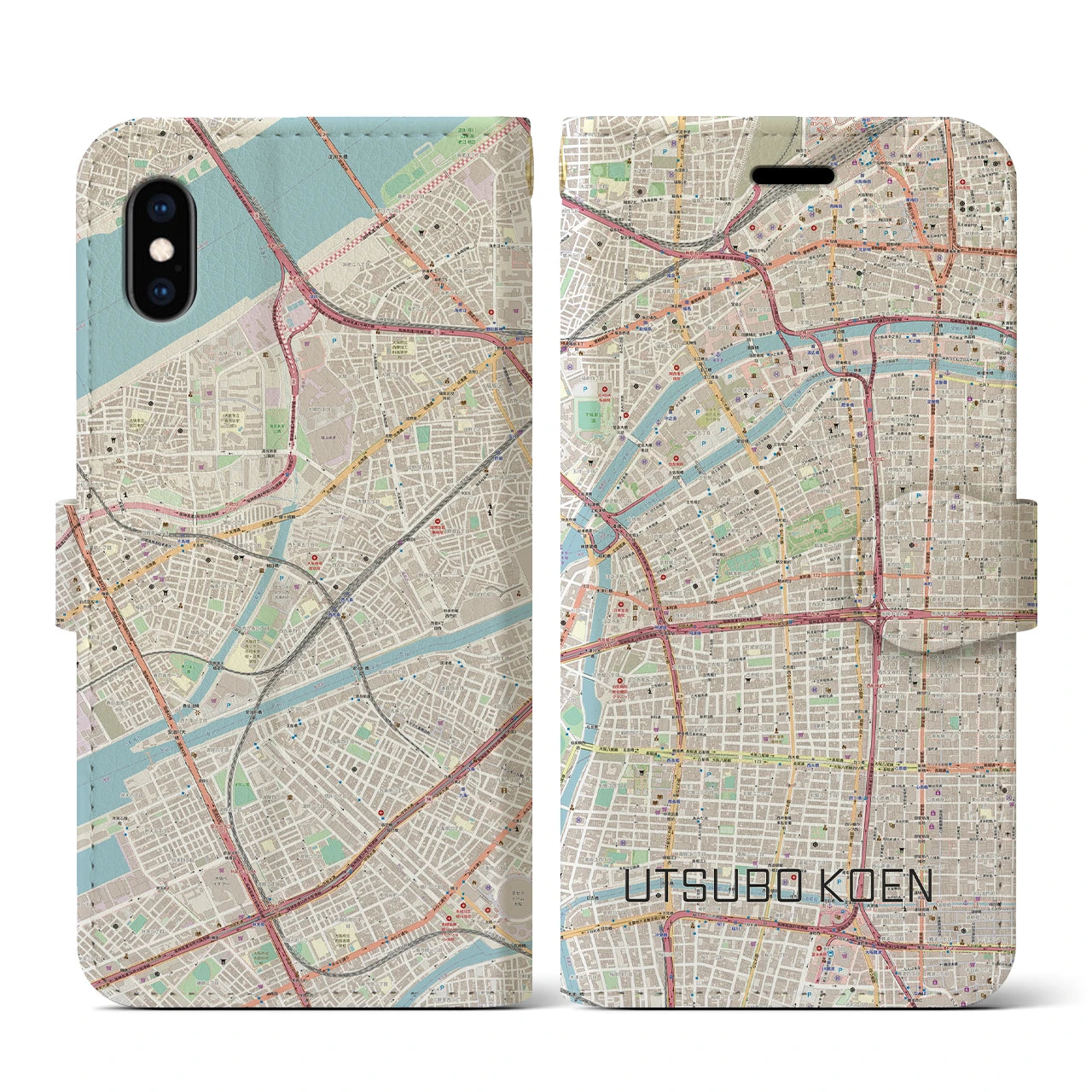 【靱公園(大阪府)】地図柄iPhoneケース(手帳タイプ)ナチュラル・iPhone XS / X 用