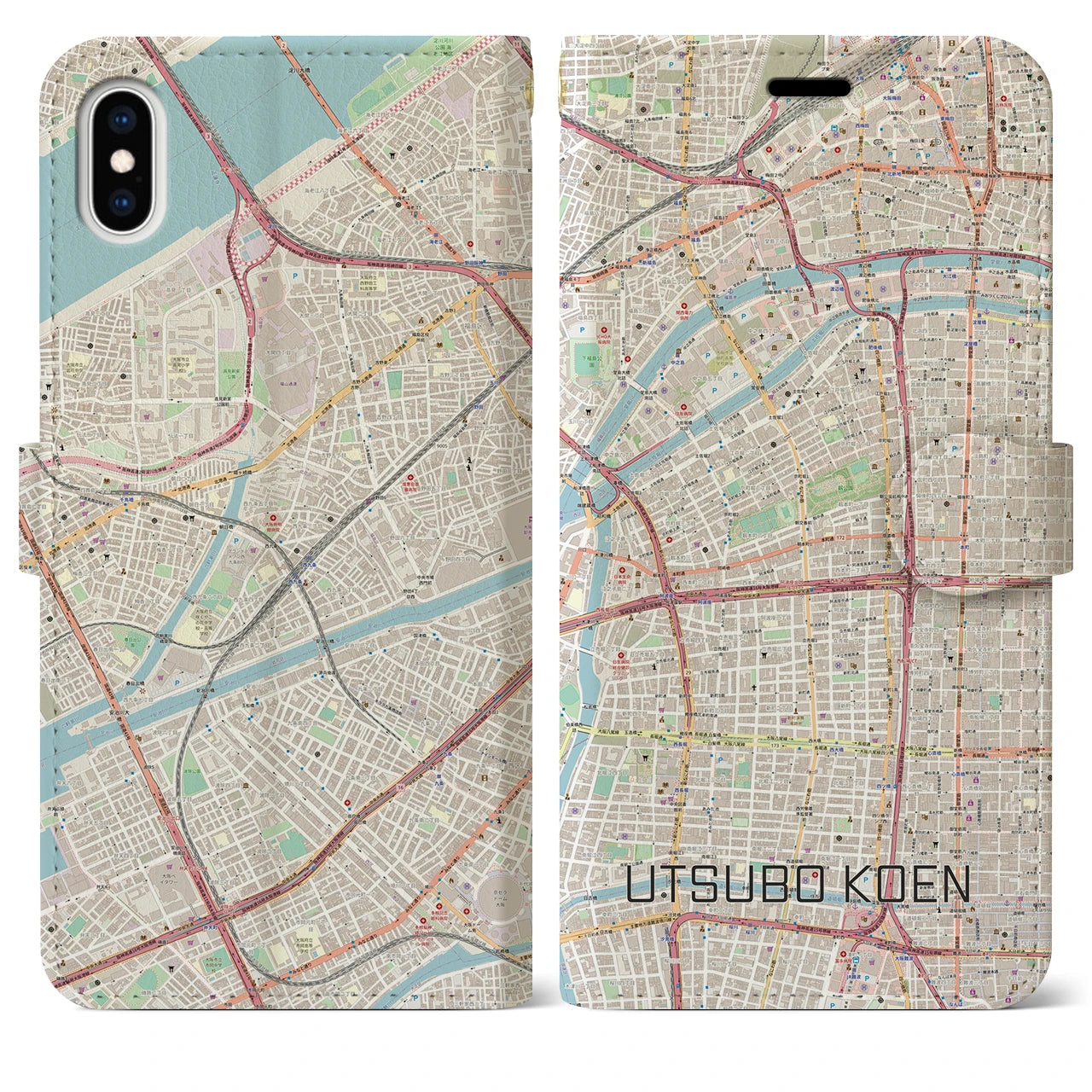 【靱公園(大阪府)】地図柄iPhoneケース(手帳タイプ)ナチュラル・iPhone XS Max 用