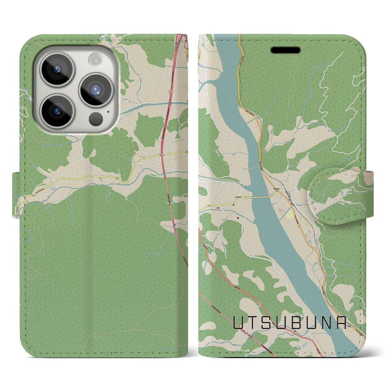 【内船(山梨県)】地図柄iPhoneケース(手帳タイプ)ナチュラル・iPhone 15 Pro 用