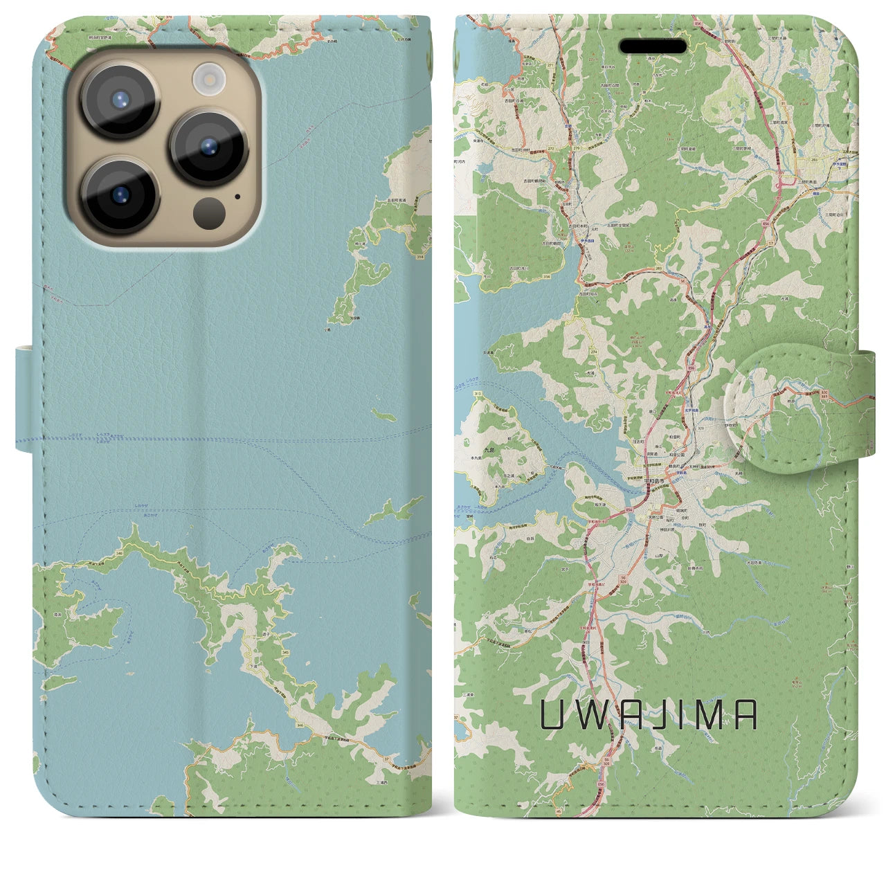 【宇和島(愛媛県)】地図柄iPhoneケース(手帳タイプ)ナチュラル・iPhone 14 Pro Max 用