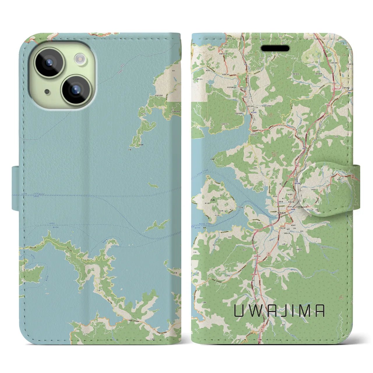【宇和島(愛媛県)】地図柄iPhoneケース(手帳タイプ)ナチュラル・iPhone 15 用