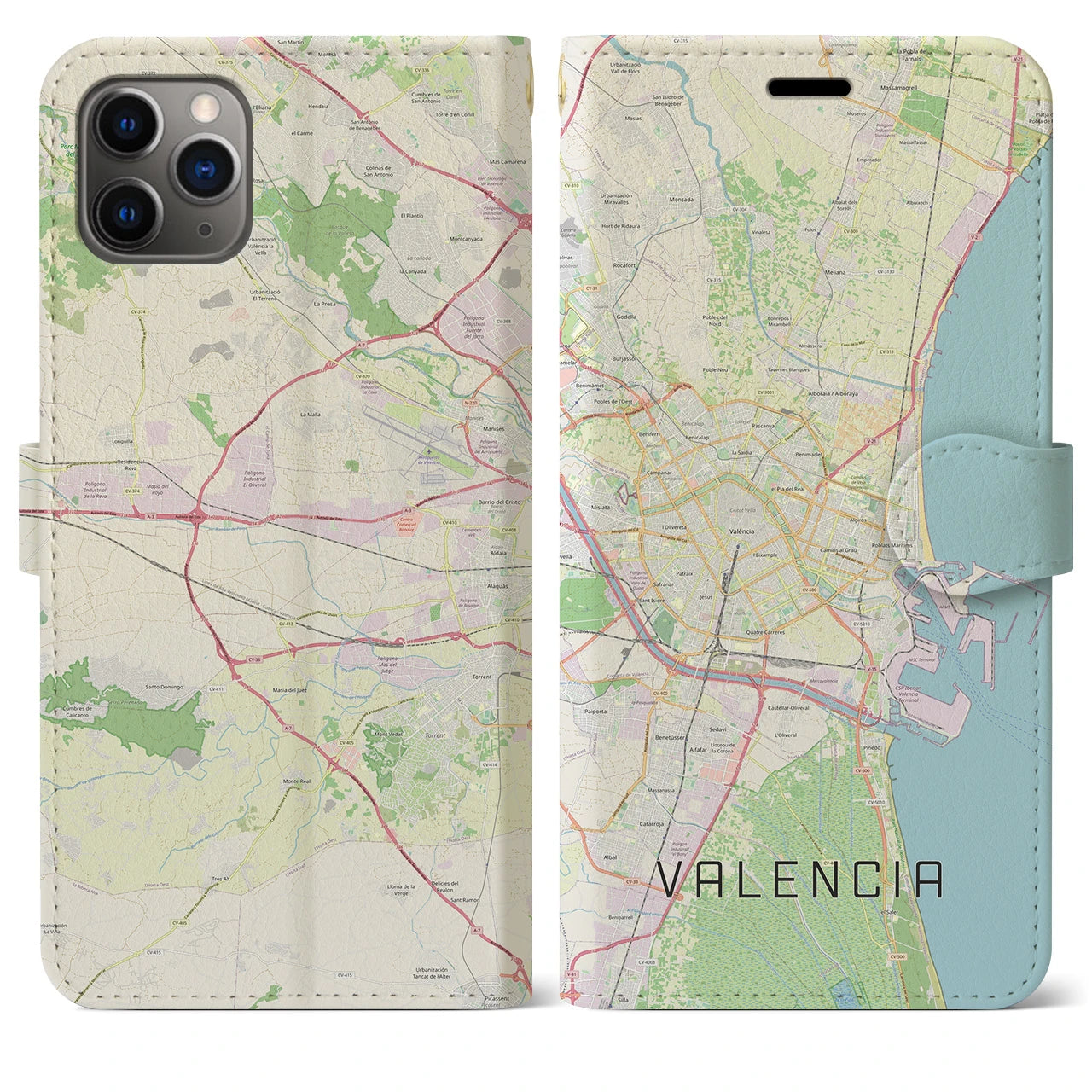 【バレンシア(スペイン)】地図柄iPhoneケース(手帳タイプ)ナチュラル・iPhone 11 Pro Max 用