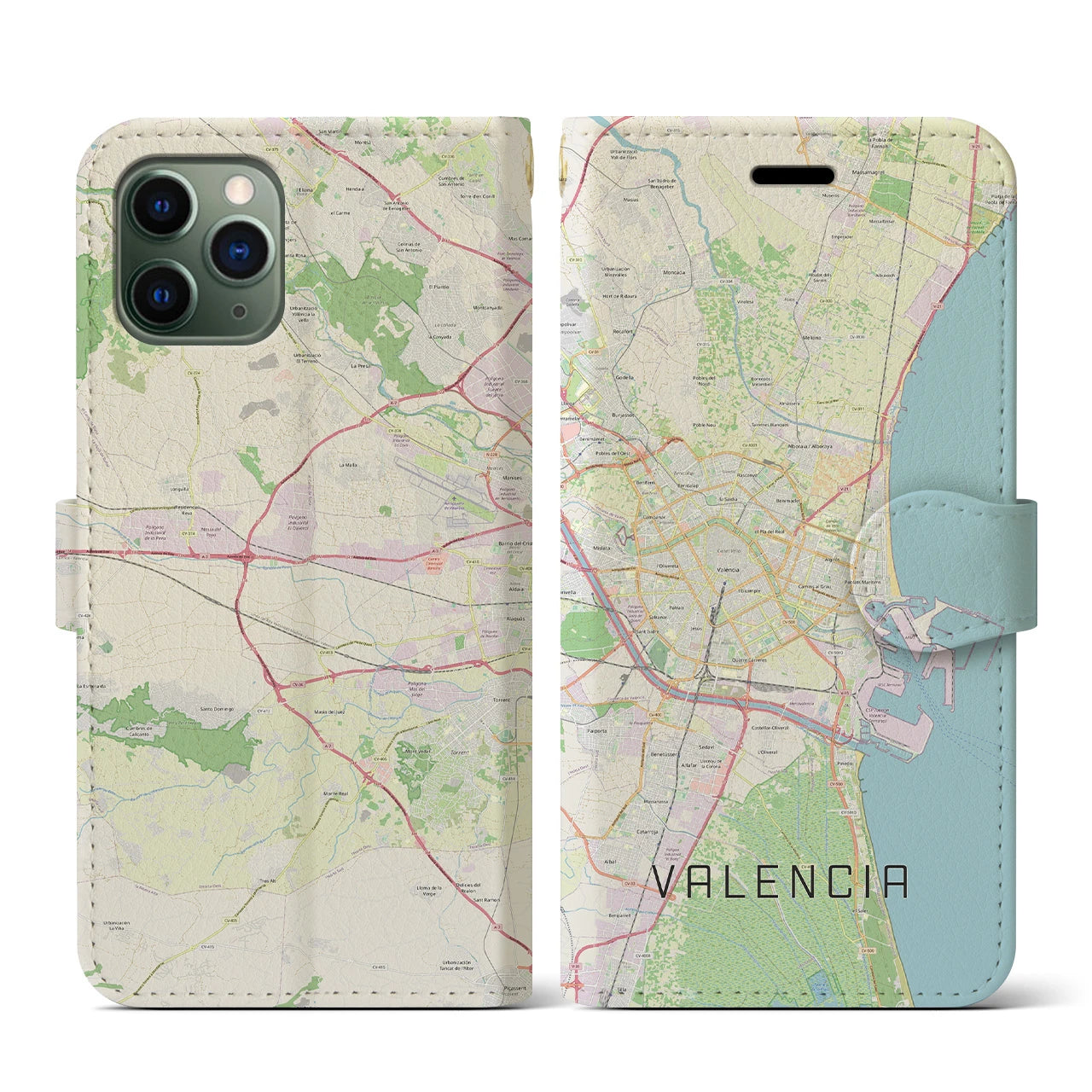 【バレンシア(スペイン)】地図柄iPhoneケース(手帳タイプ)ナチュラル・iPhone 11 Pro 用