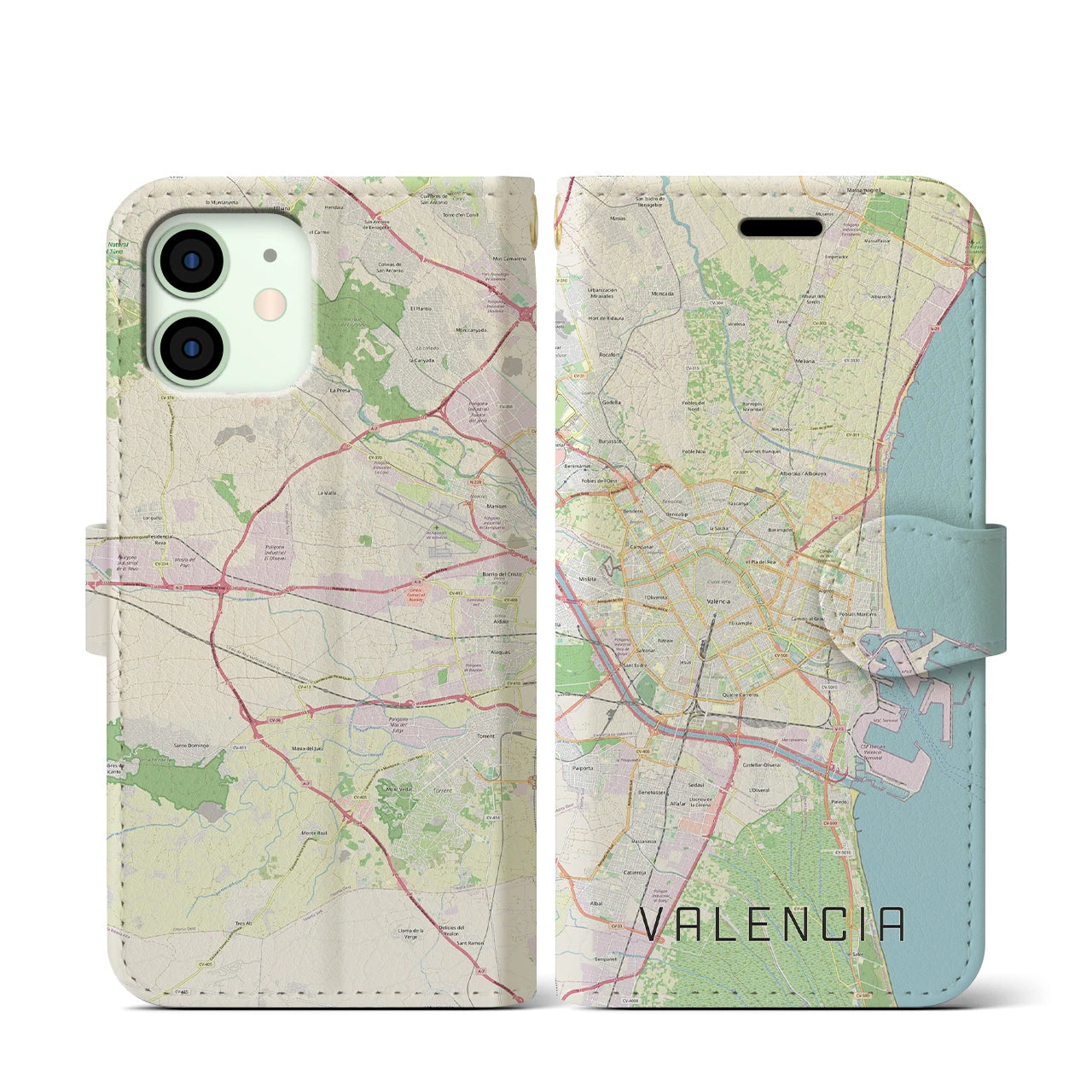 【バレンシア(スペイン)】地図柄iPhoneケース(手帳タイプ)ナチュラル・iPhone 12 mini 用
