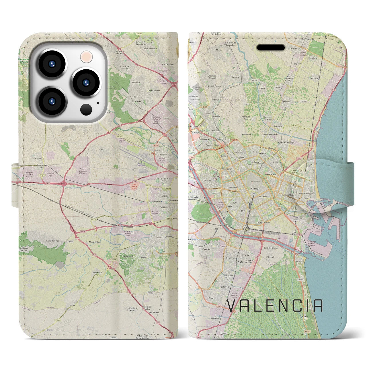 【バレンシア(スペイン)】地図柄iPhoneケース(手帳タイプ)ナチュラル・iPhone 13 Pro 用