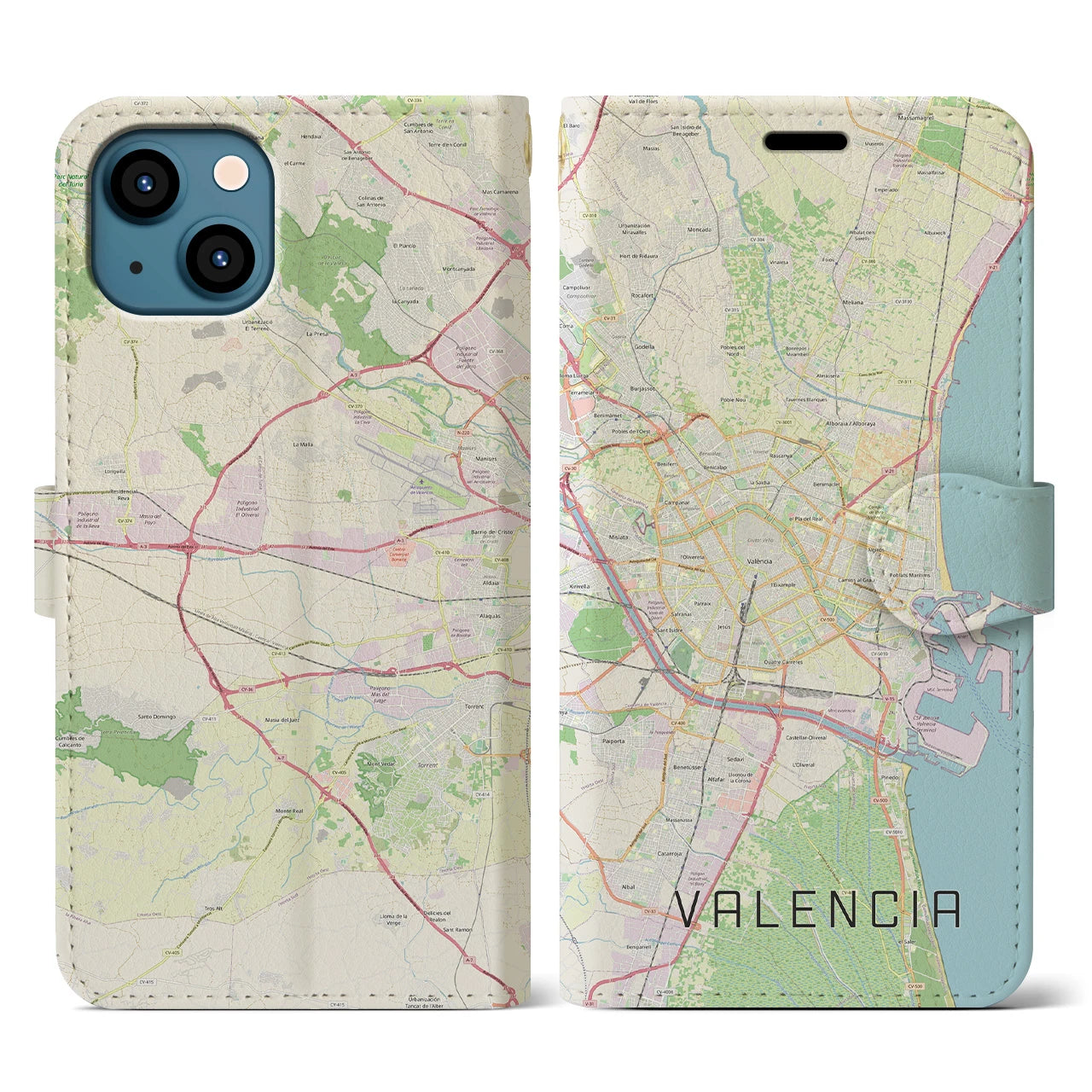 【バレンシア(スペイン)】地図柄iPhoneケース(手帳タイプ)ナチュラル・iPhone 13 用