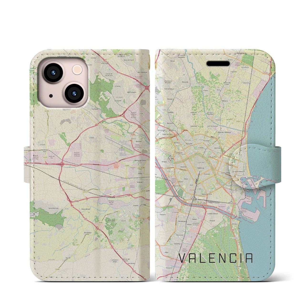 【バレンシア(スペイン)】地図柄iPhoneケース(手帳タイプ)ナチュラル・iPhone 13 mini 用