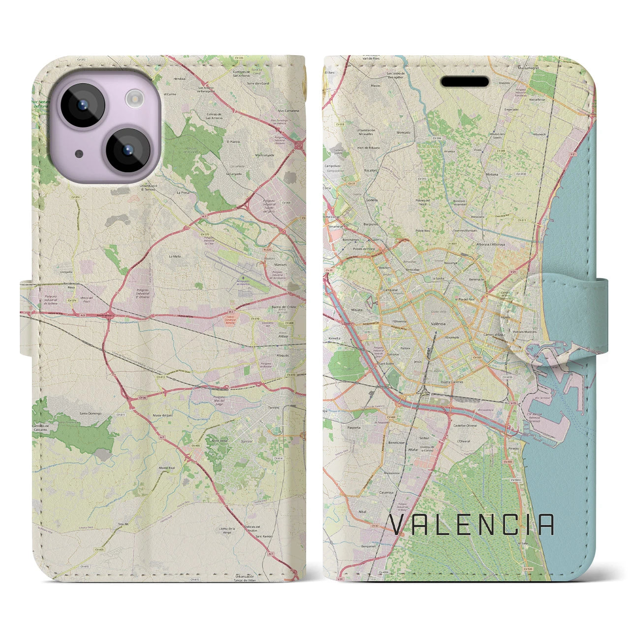 【バレンシア(スペイン)】地図柄iPhoneケース(手帳タイプ)ナチュラル・iPhone 14 用
