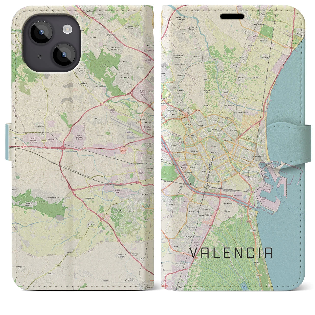 【バレンシア(スペイン)】地図柄iPhoneケース(手帳タイプ)ナチュラル・iPhone 14 Plus 用