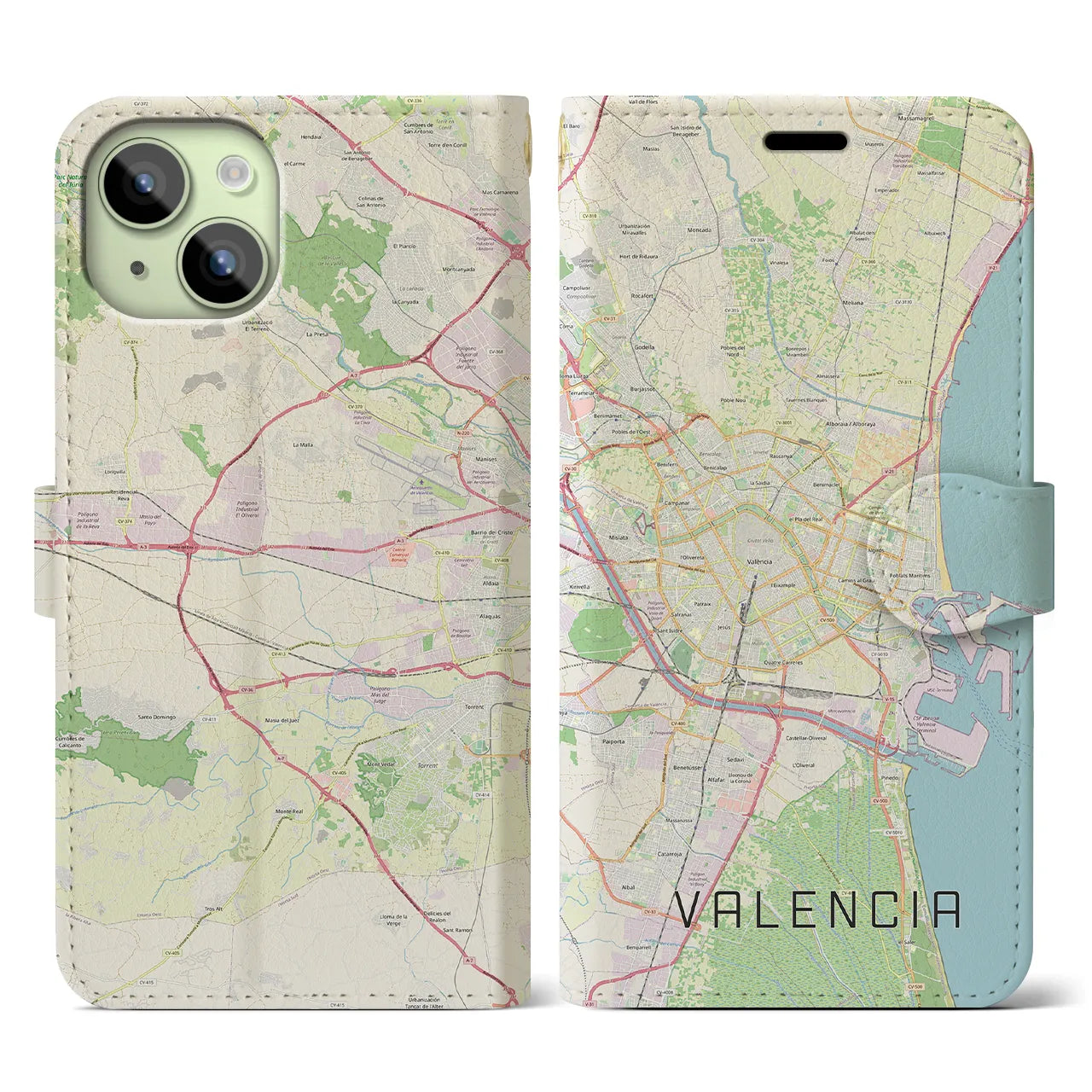 【バレンシア(スペイン)】地図柄iPhoneケース(手帳タイプ)ナチュラル・iPhone 15 用