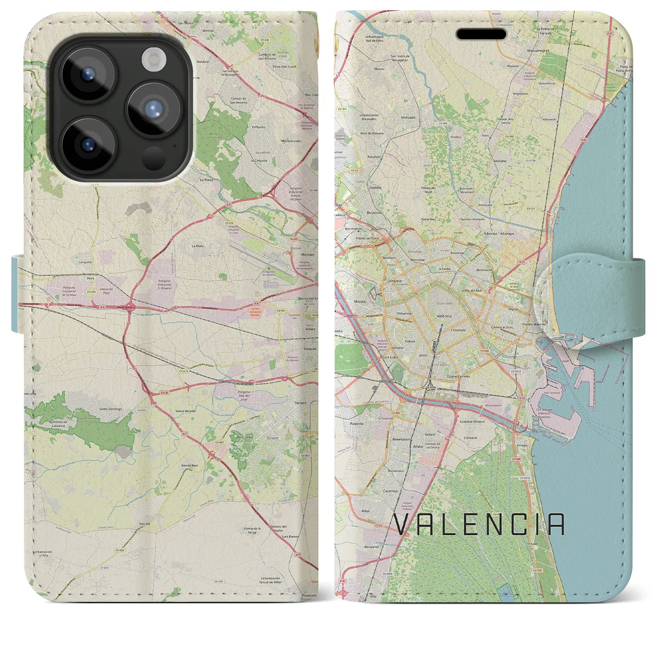 【バレンシア(スペイン)】地図柄iPhoneケース(手帳タイプ)ナチュラル・iPhone 15 Pro Max 用