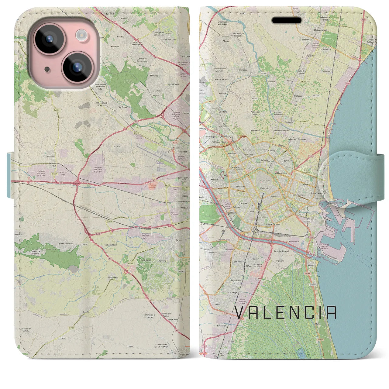 【バレンシア(スペイン)】地図柄iPhoneケース(手帳タイプ)ナチュラル・iPhone 15 Plus 用