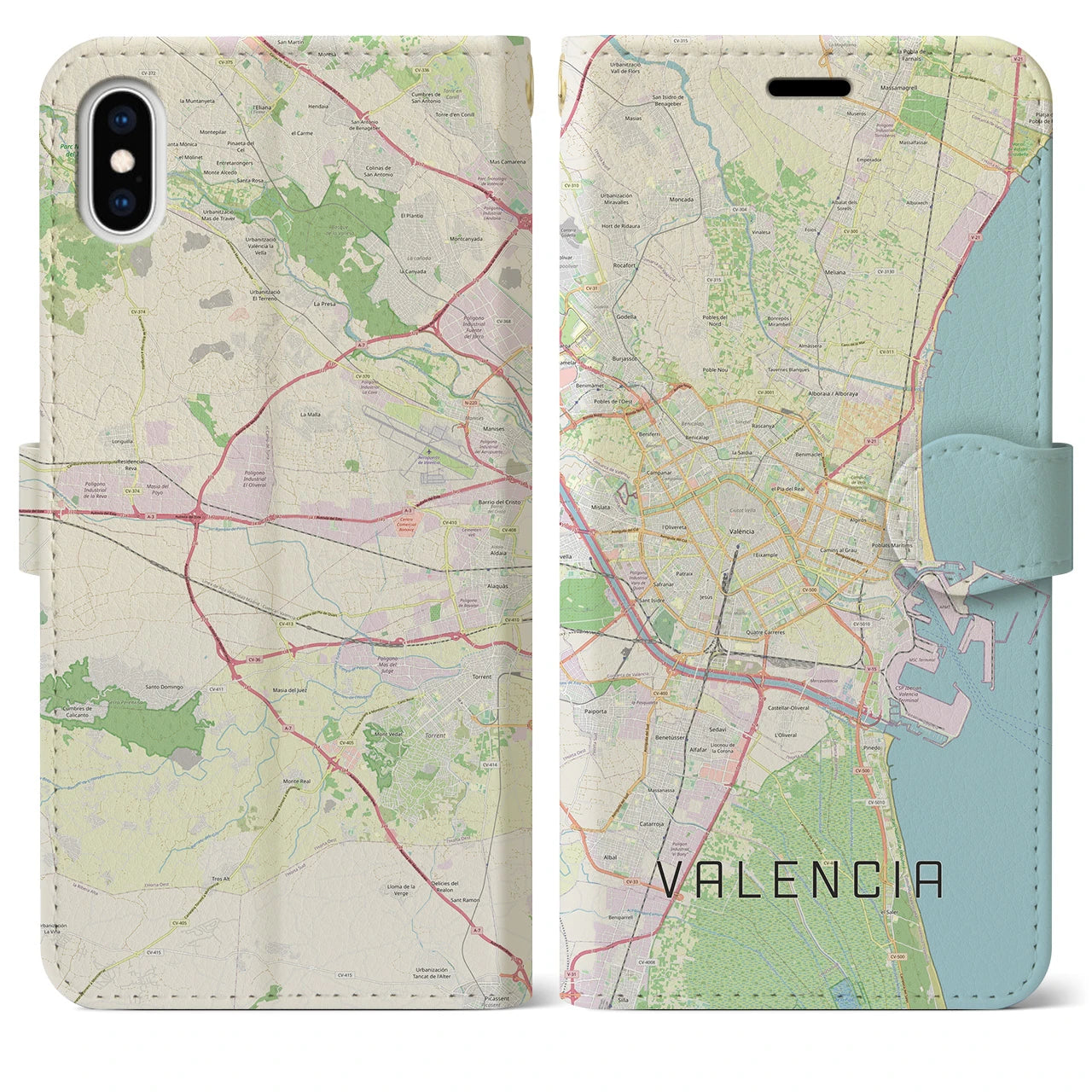 【バレンシア(スペイン)】地図柄iPhoneケース(手帳タイプ)ナチュラル・iPhone XS Max 用